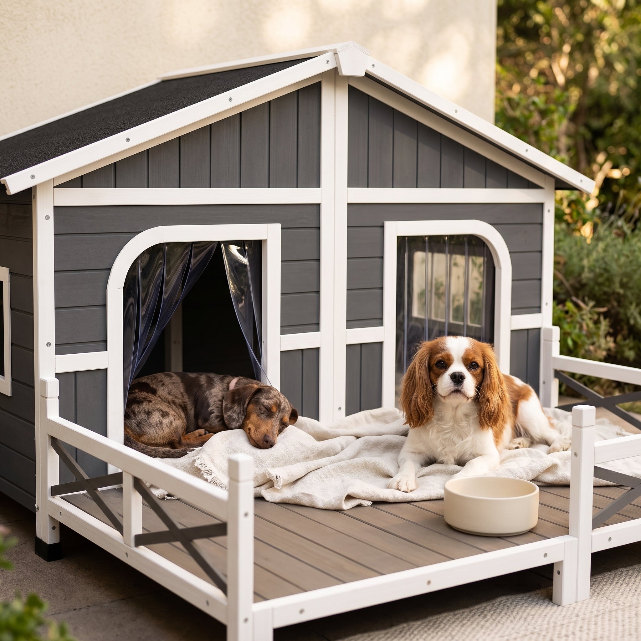 Dog House Outdoor, Wooden Dog Kennel Weatherproof with Porch, Openable Roof, Removable Bottom, Elevated Floor, Double Room for 2 Small to Medium Breeds, Gray