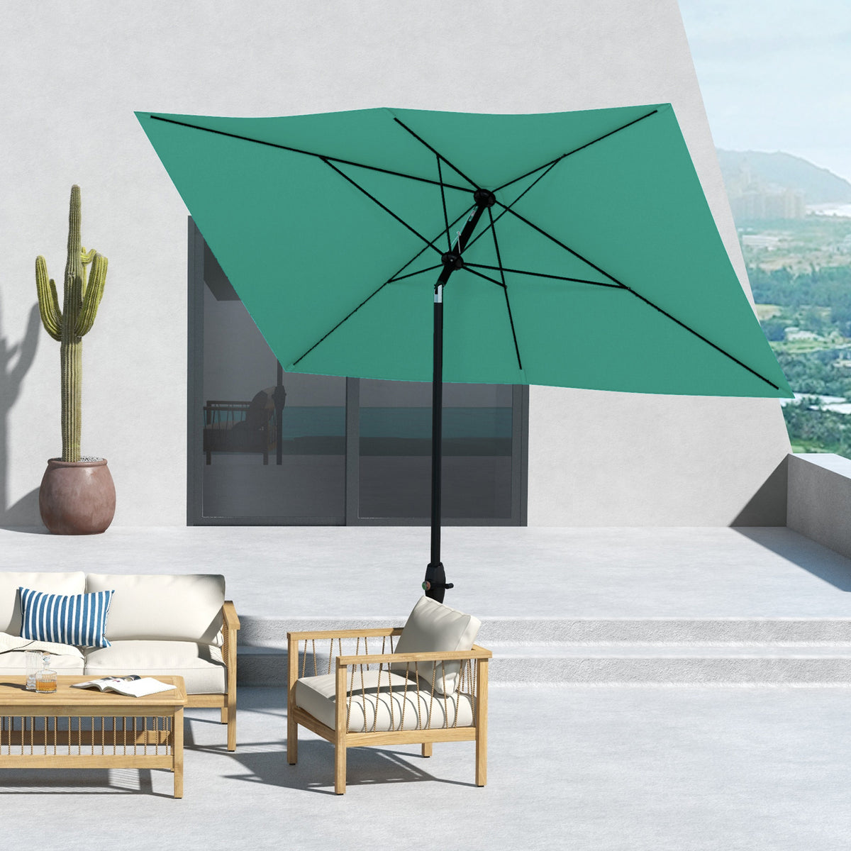 6.5' x 10' Rectangular Market Umbrella, Patio Outdoor Table Umbrella with Crank and Push Button Tilt, Teal