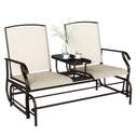 Outdoor Glider Bench with Center Table, Metal Frame Patio Loveseat with Breathable Mesh Fabric and Armrests for Backyard Garden Porch, Beige