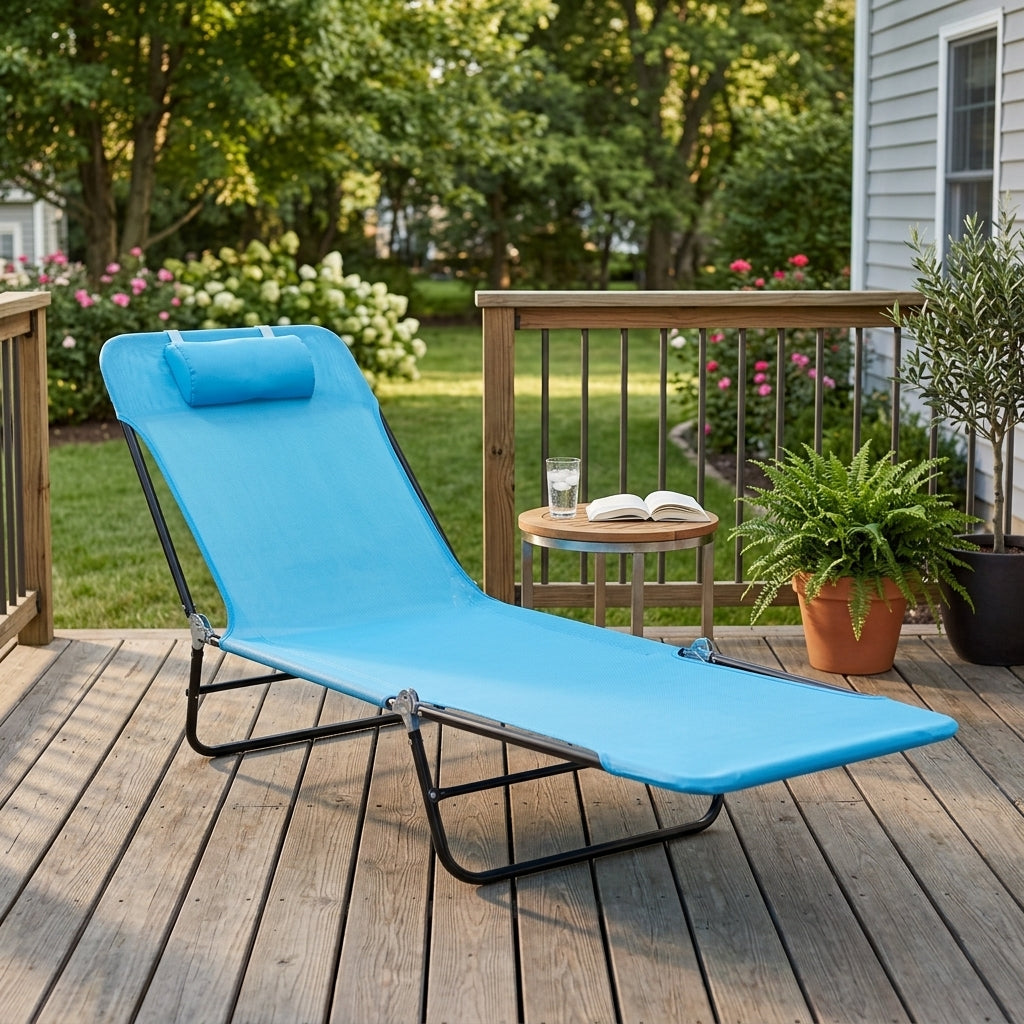 Folding Chaise Lounge Chair, Pool Sun Tanning Chair, Outdoor Lounge Chair with Reclining Back, Breathable Mesh Seat, Headrest for Beach, Yard, Patio, Blue