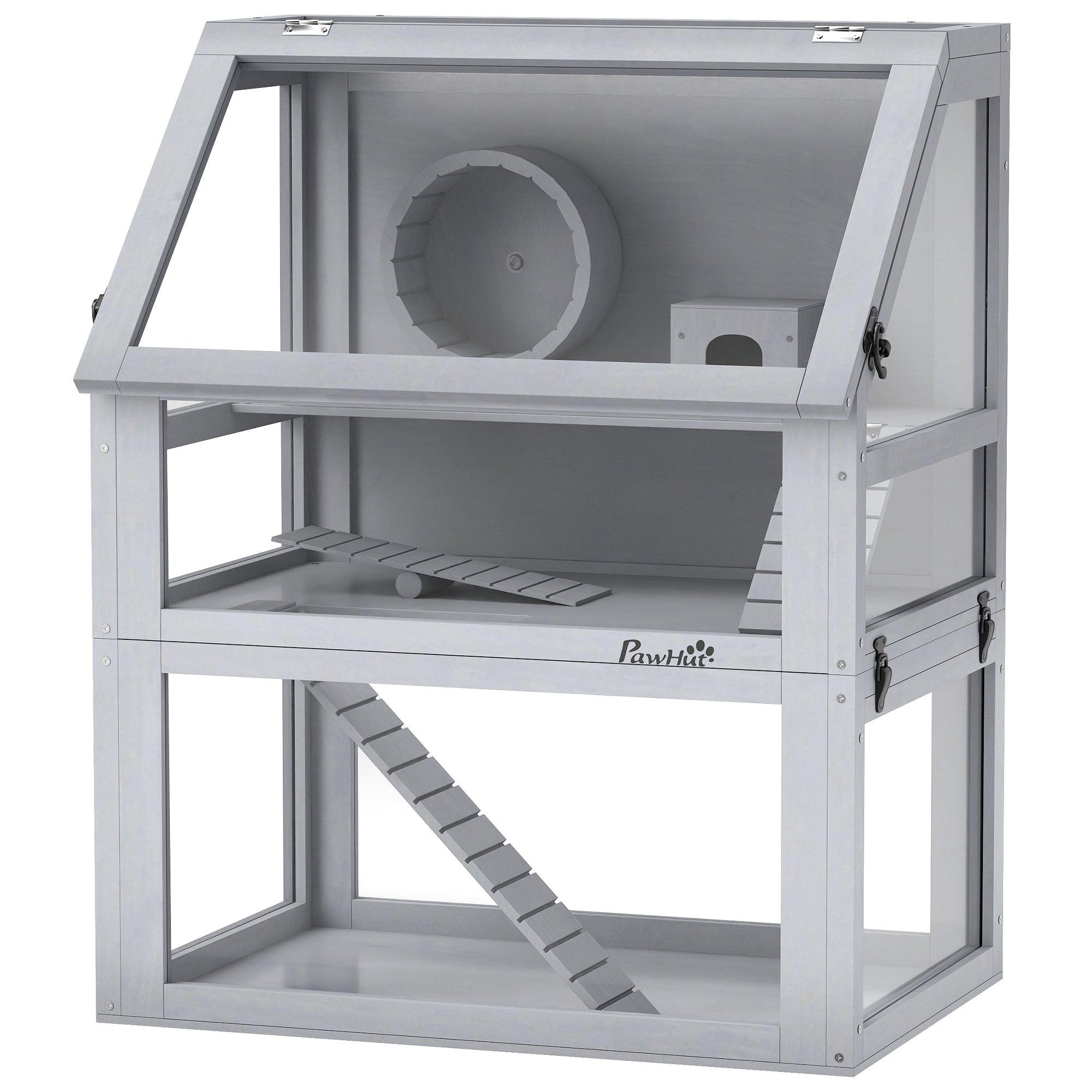 3 Tier Wooden Hamster Cage w/ Detachable Bottom, Hut, Seesaw, Exercise Wheel, Ramps, 24" x 16" x 29.5"
