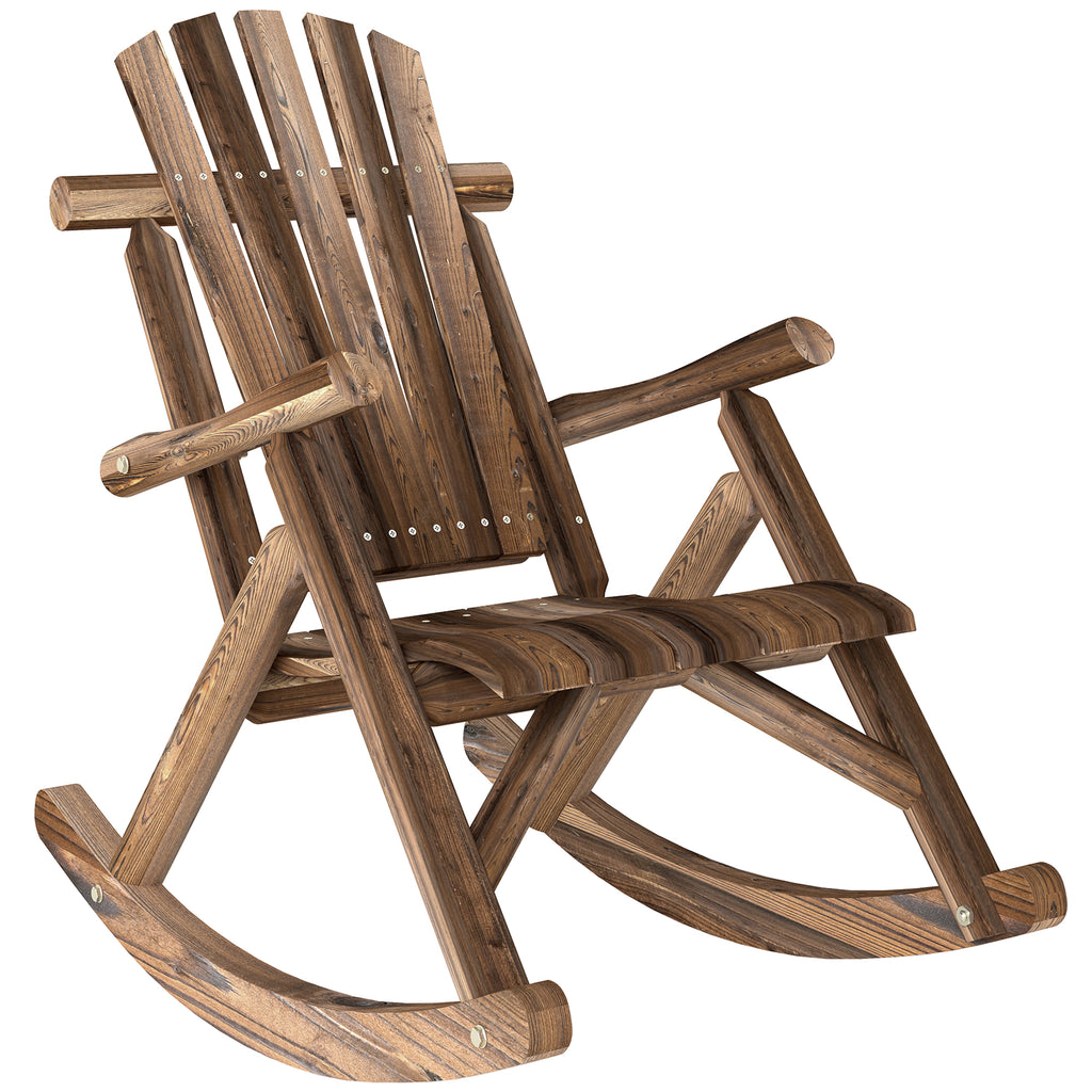 Outdoor Wooden Rocking Chair, Single-Person Adirondack Rocking Patio Chair with Rustic High Back, Slatted Seat and Backrest for Indoor, Backyard, Garden, Carbonized