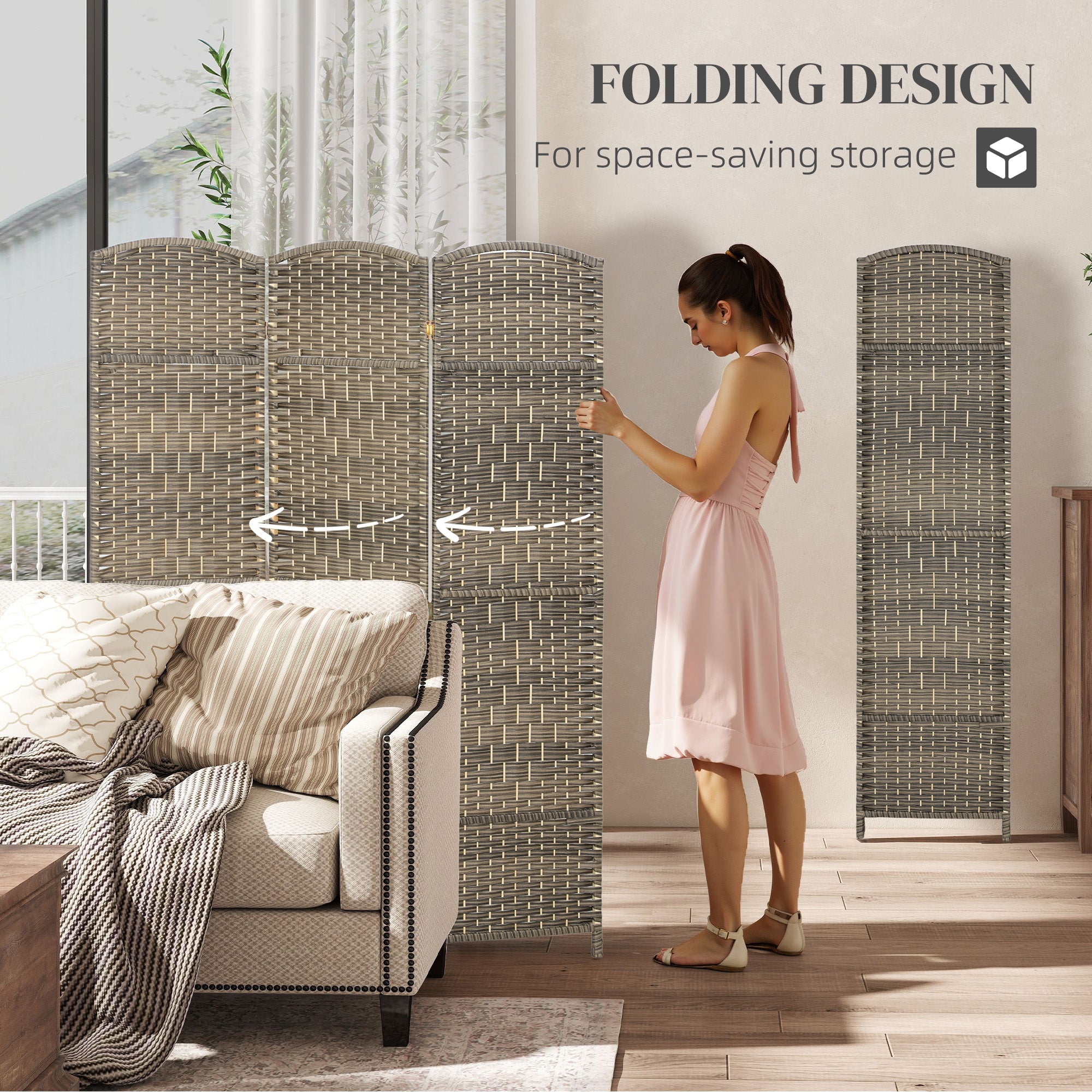 Folding Room Divider Screen 3 Panel 6' Tall Privacy Screen Freestanding Wood Partition for Home Office, Dark Rustic Oak