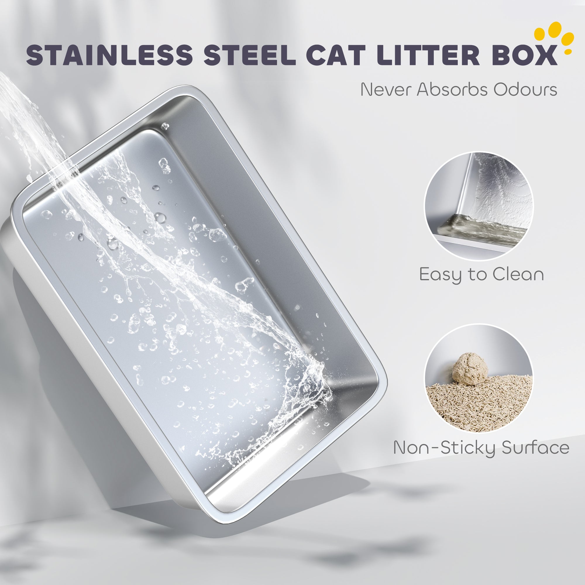 Extra Large Stainless Steel Cat Litter Box with Scoop & Pad, Anti-Urine Leakage, Easy Cleaning, Non-Sticky