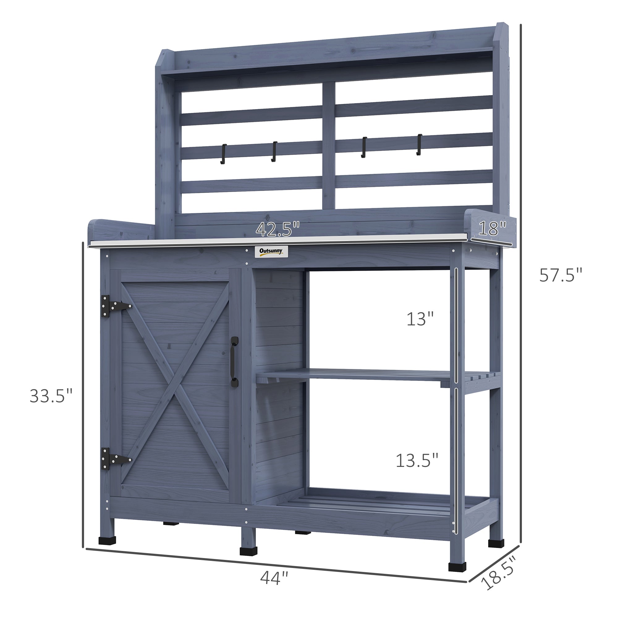 Wooden Potting Bench with Storage, Aluminum Tabletop for Backyard, Patio, Balcony, Gray