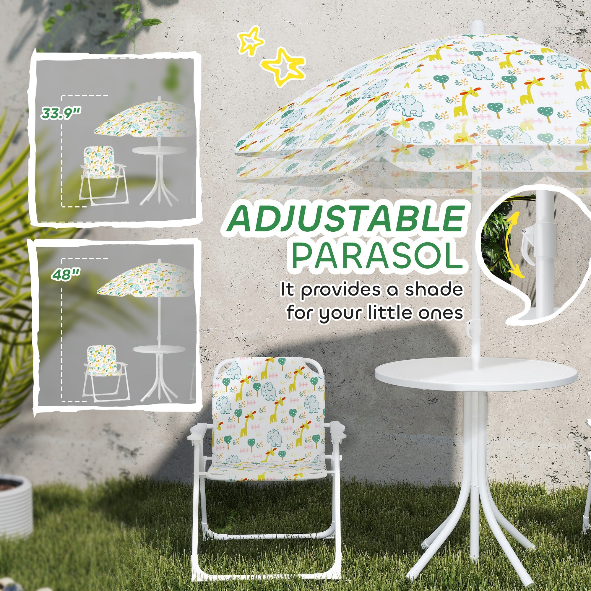 Kids Picnic Table and Chair Set, Outdoor Activity Table with Foldable Chairs, Removable Umbrella for Backyard, White