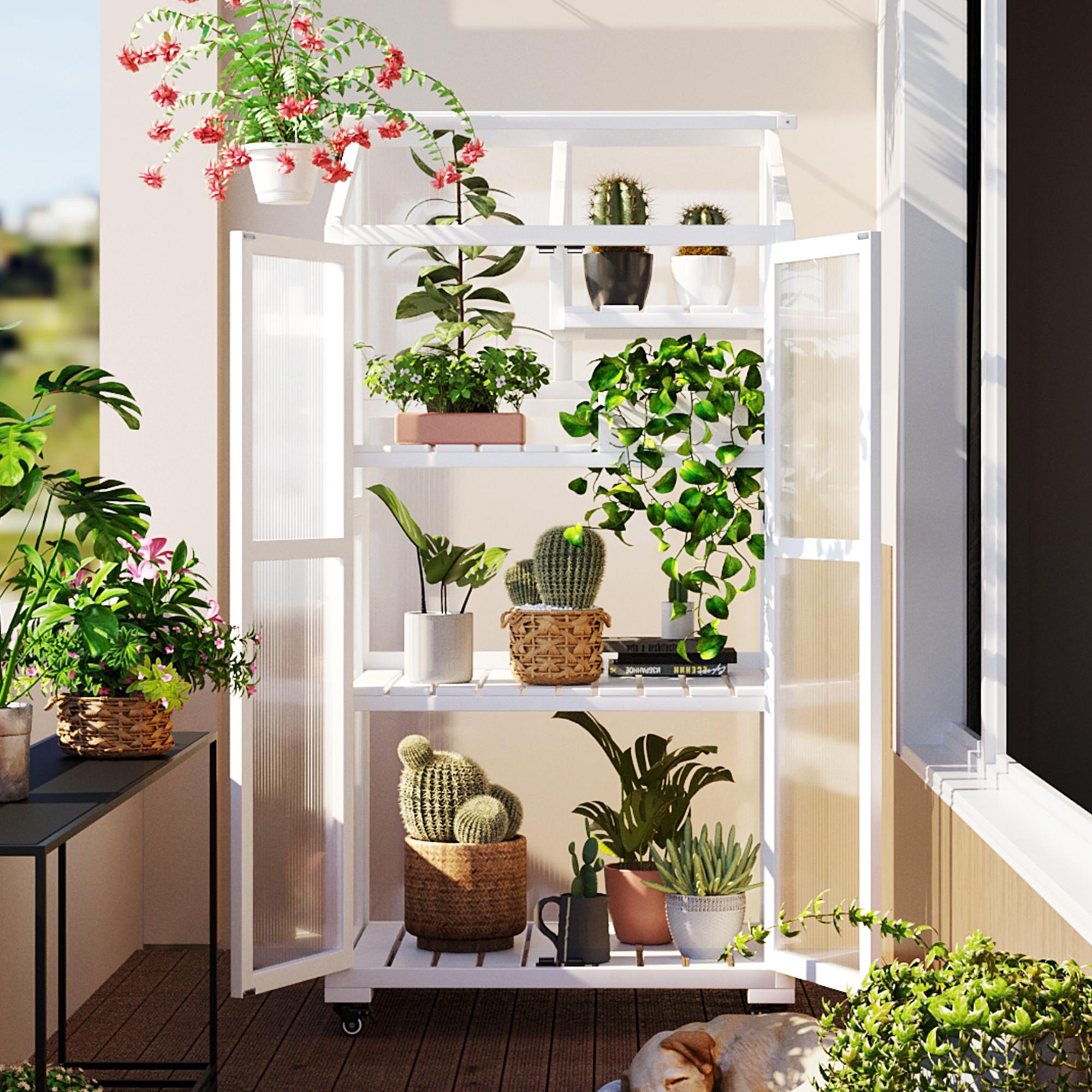 Portable Wood Greenhouse with Openable Roof & 3-Tier Shelf, Vertical Cold Frame for Indoor Outdoor Use, 31.5'' L x 22.5'' W x 62'' H, White