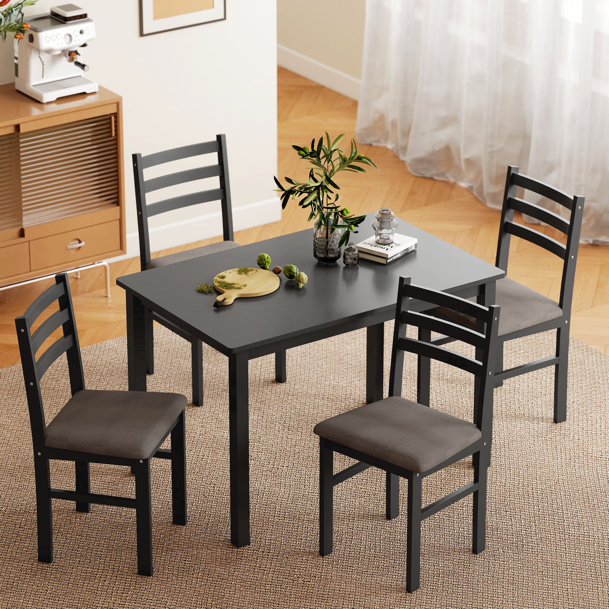 5-Piece Small Kitchen Table Set for 4, Farmhouse Dining Table Set with Upholstered Chairs and Rubber Wood Legs, Black