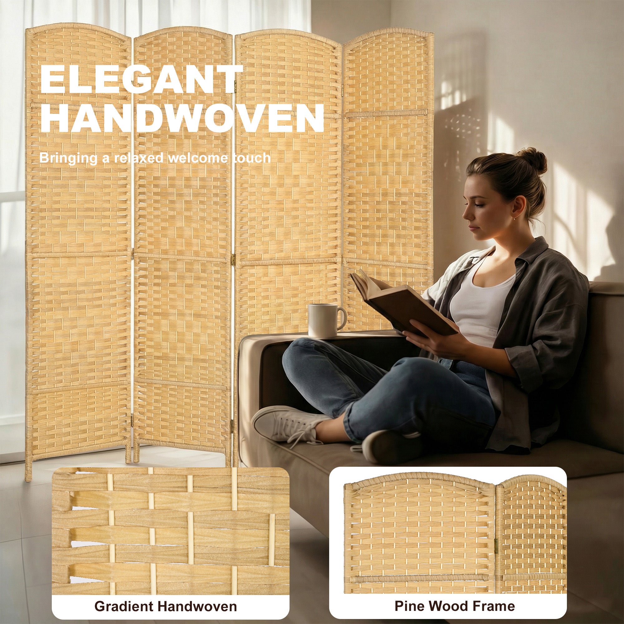 Folding Room Divider Screen 4 Panel 6' Tall Privacy Screen Freestanding Wood Partition for Home Office, Nature Wood