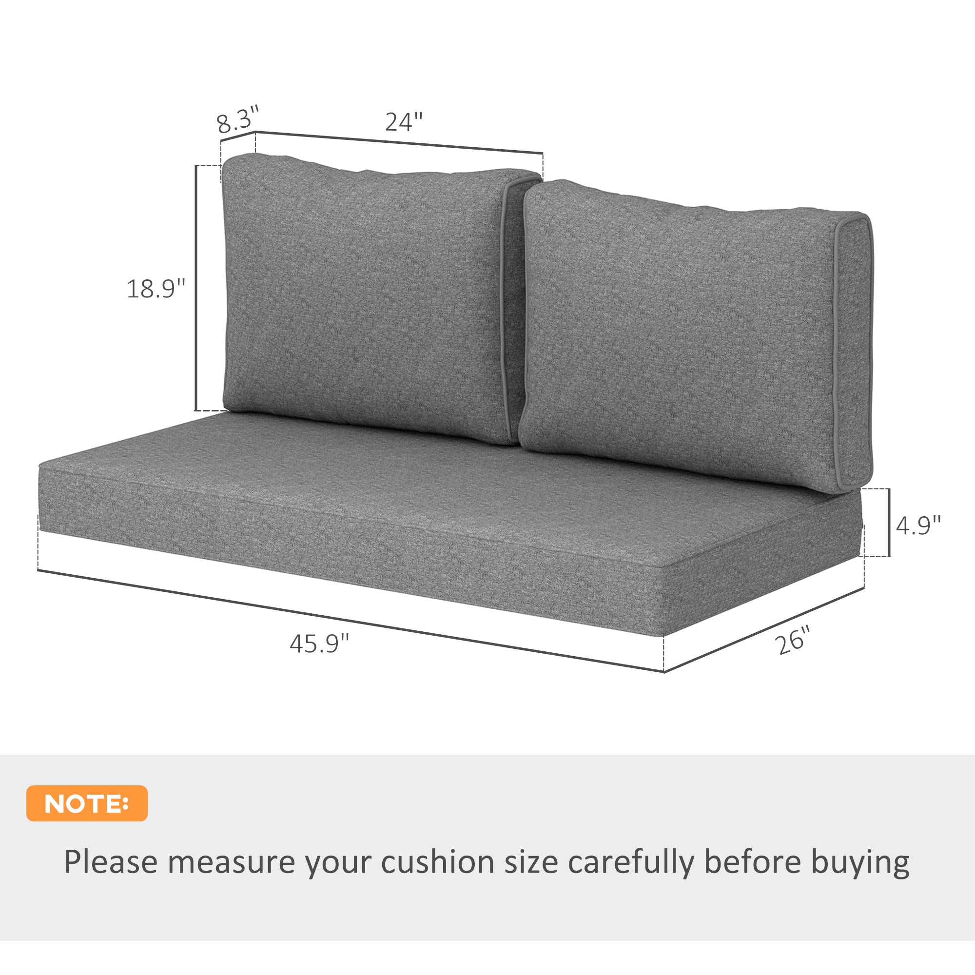 2 Seat Patio Furniture Cushions, 46x26x5 in, Thick Outdoor Loveseat Cushion Set with Removable Cover, Fade-Resistant Replacement Cushions for Outdoor Furniture, Couch, Bench, Swing, Gray