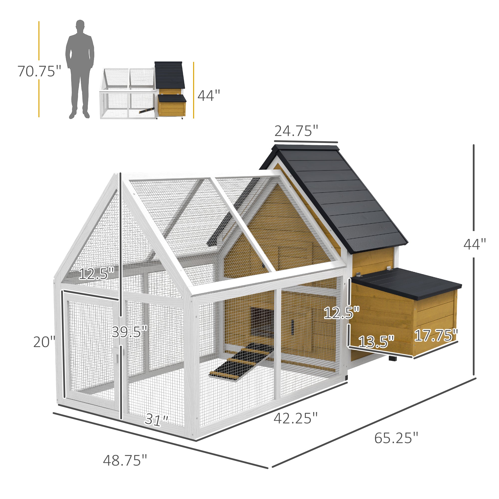65" Chicken Coop Wooden Chicken House Rabbit Hutch Poultry Cage Hen Pen Backyard with Nesting Box, Ramp, Run, Yellow