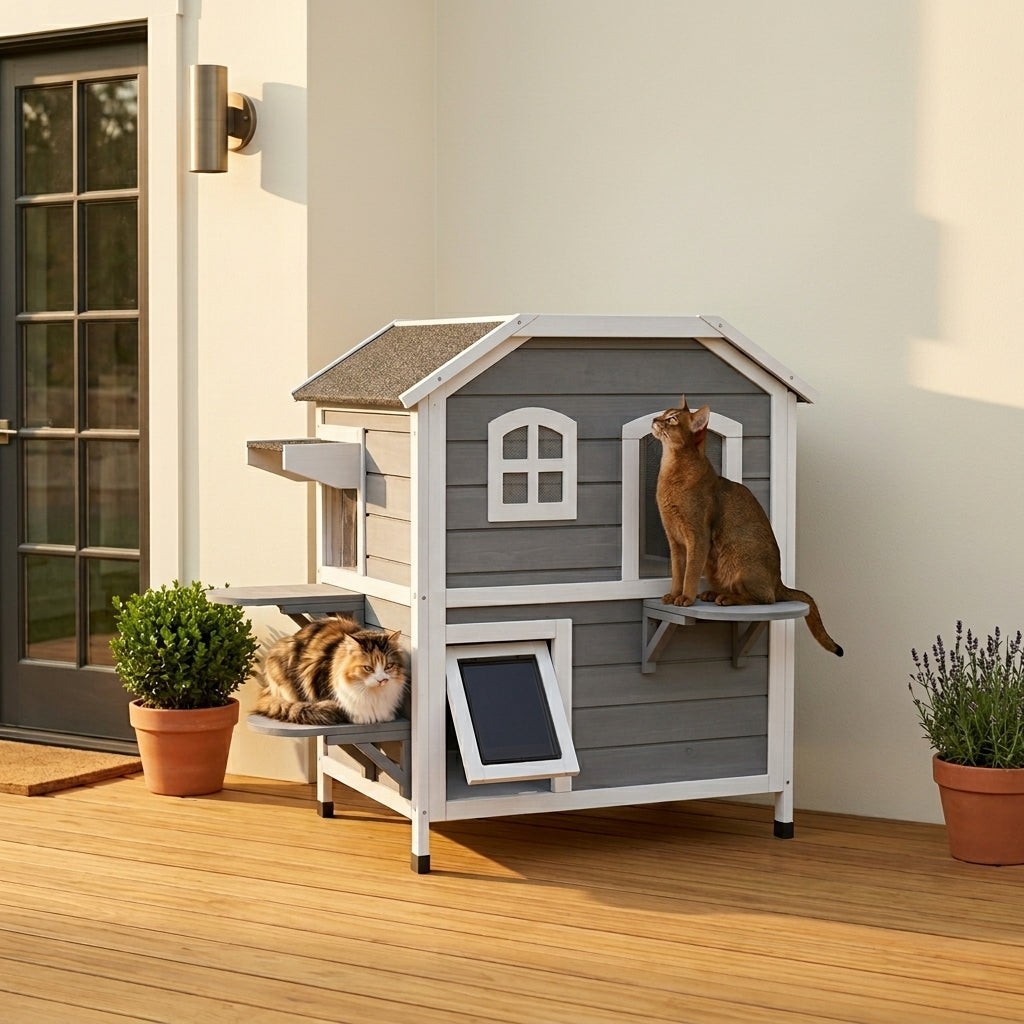 2-story Cat House Outdoor, Weatherproof Wooden Cat Enclosure for Feral Cats with Escape Door, Openable Roof, Jumping Platforms, Gray