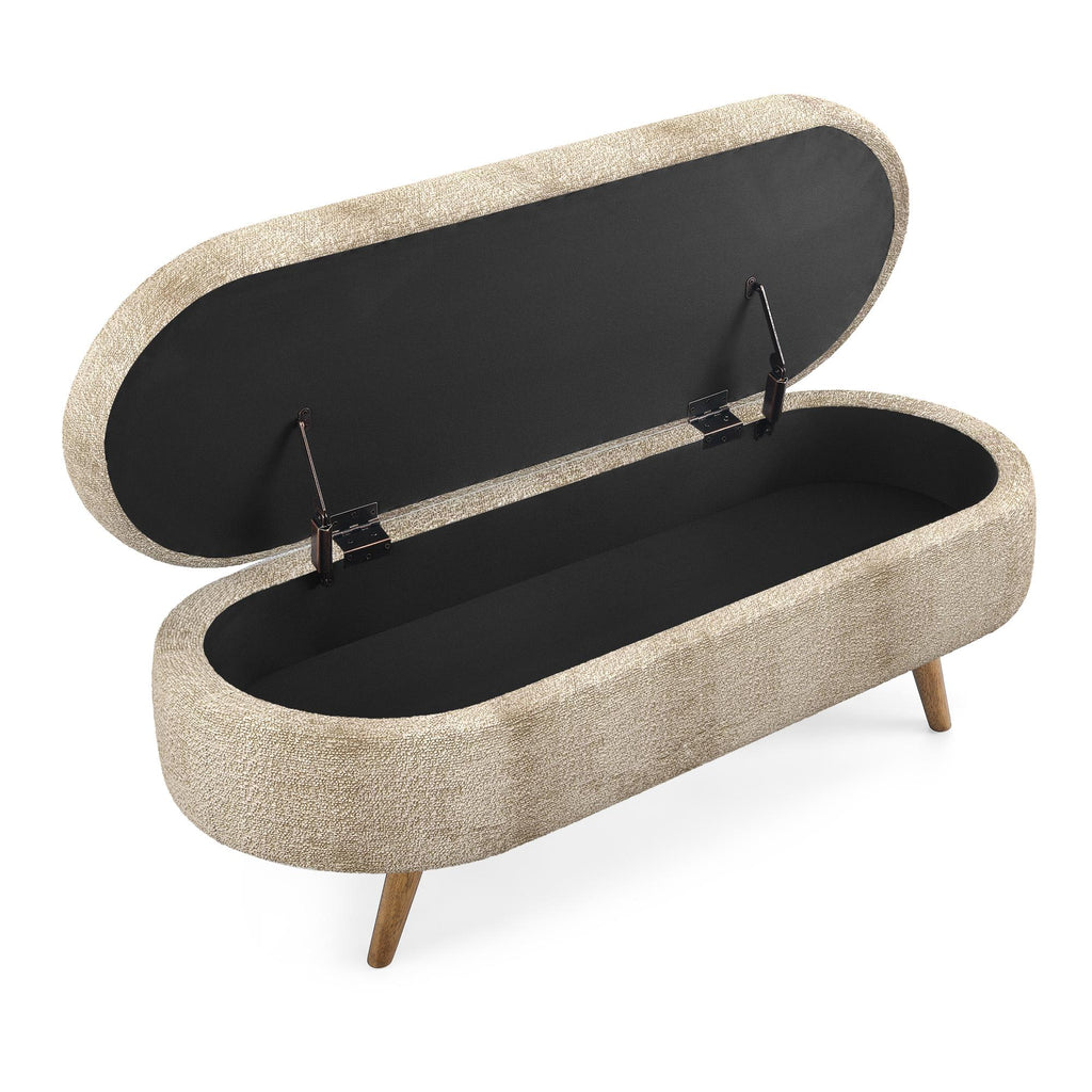 Oval Storage Ottoman Bench with Foam Cushion and Sturdy Rubberwood Legs, Multi-Use Footstool for Bedroom, 43.5" L x 16" W x 16" H, Brown