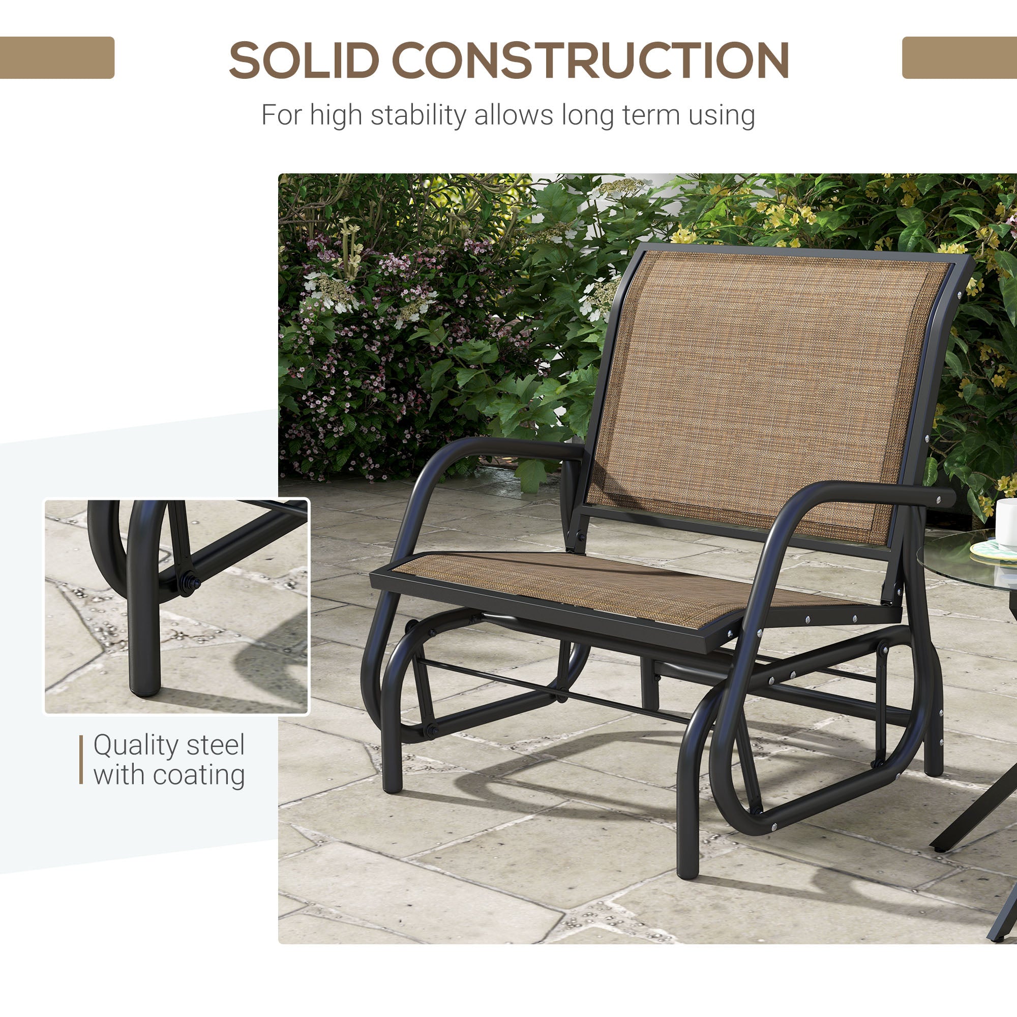 Outdoor Glider Chair, Steel Swing Chai with Curved Armrests for Porch, Garden, Poolside, Balcony, Brown