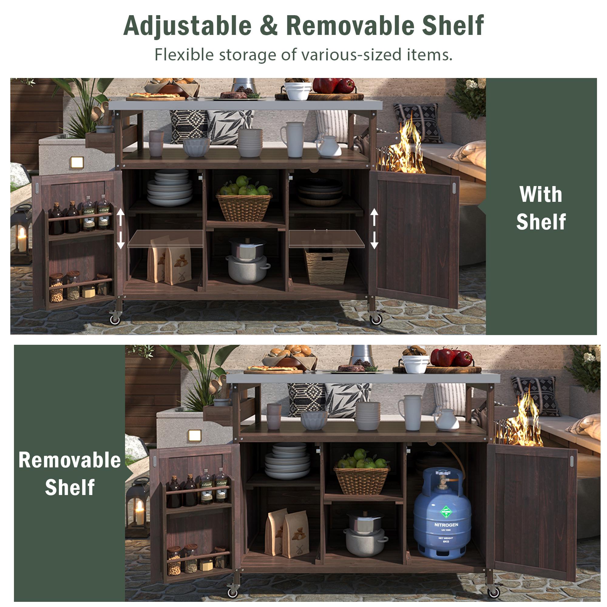 Outdoor Kitchen Island with Spice and Towel Rack, Stainless Steel Top, Rolling Bar Cart with Lockable Wheels, 50" L x 18.5" W x 36.5" H, Dark Brown