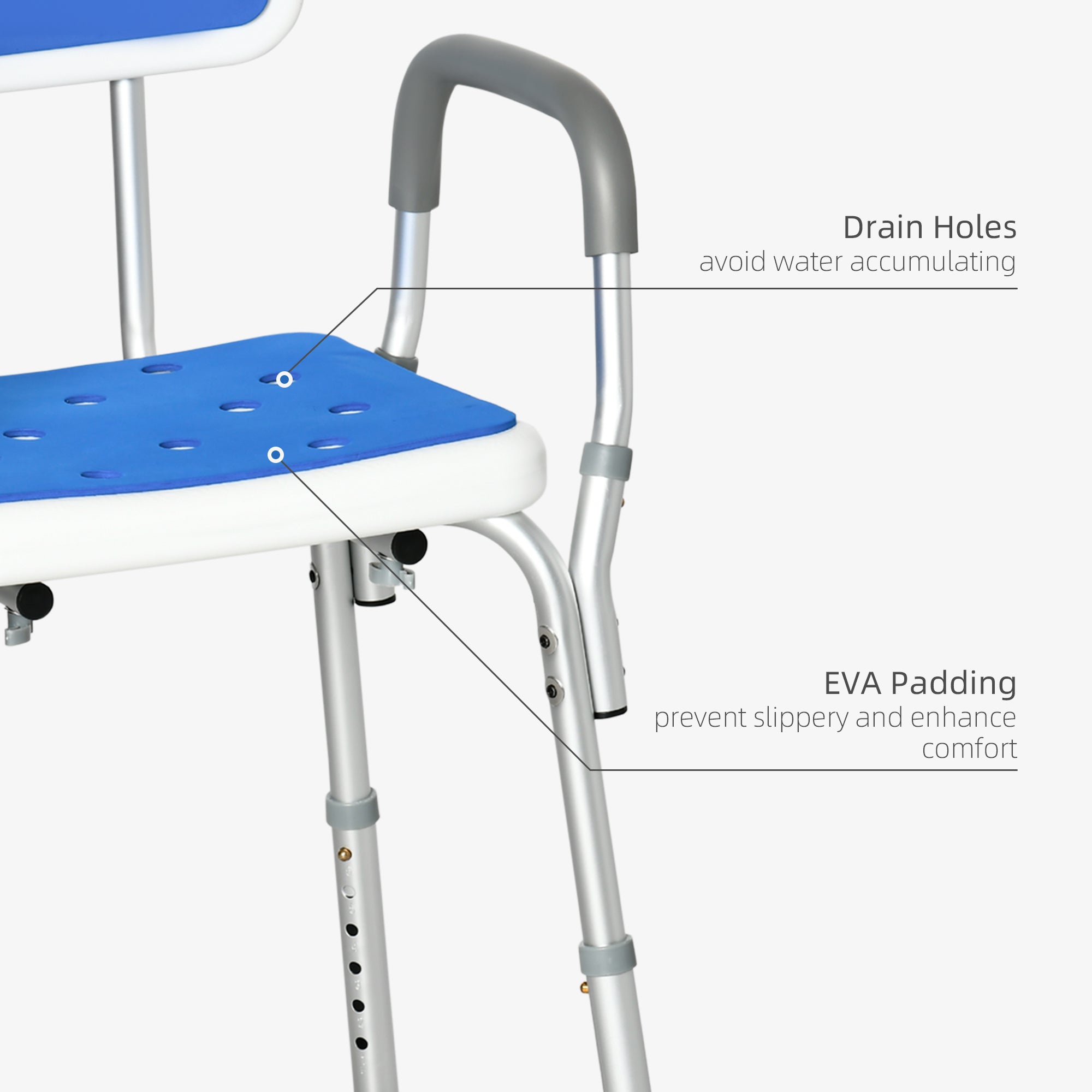 EVA Padded Shower Chair with Arms and Back, Bath Seat with Adjustable Height, Anti-slip Shower Bench for Seniors and Disabled, Tool-Free Assembly, 299lbs