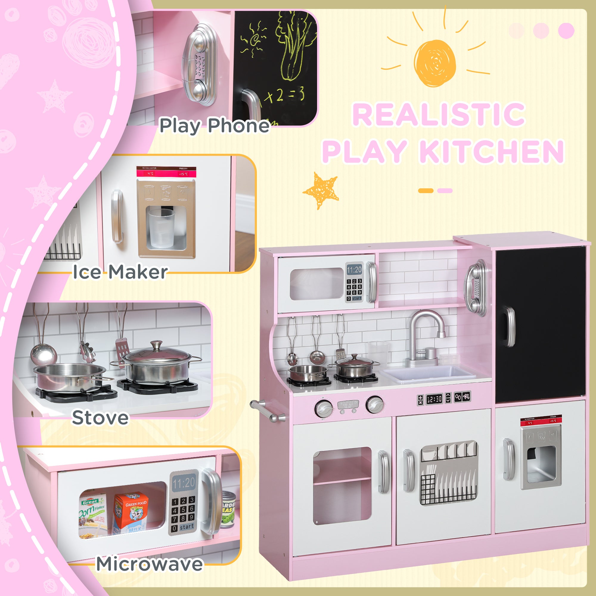 Pretend Play Kitchen, Kids Kitchen Playset with Play Phone, Chalkboard, Towel Rack & Ice Maker for 3-8 Years Pink