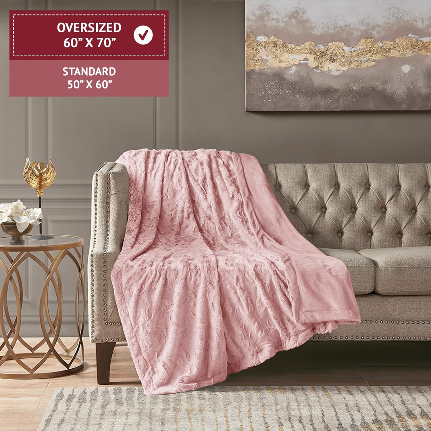 Oversized Faux Fur Throw with Solid Mink Reverse, Machine Washable, Luxuriously Soft Blanket for Bedroom, 70" L x 60" W x 0.25" H, Blush