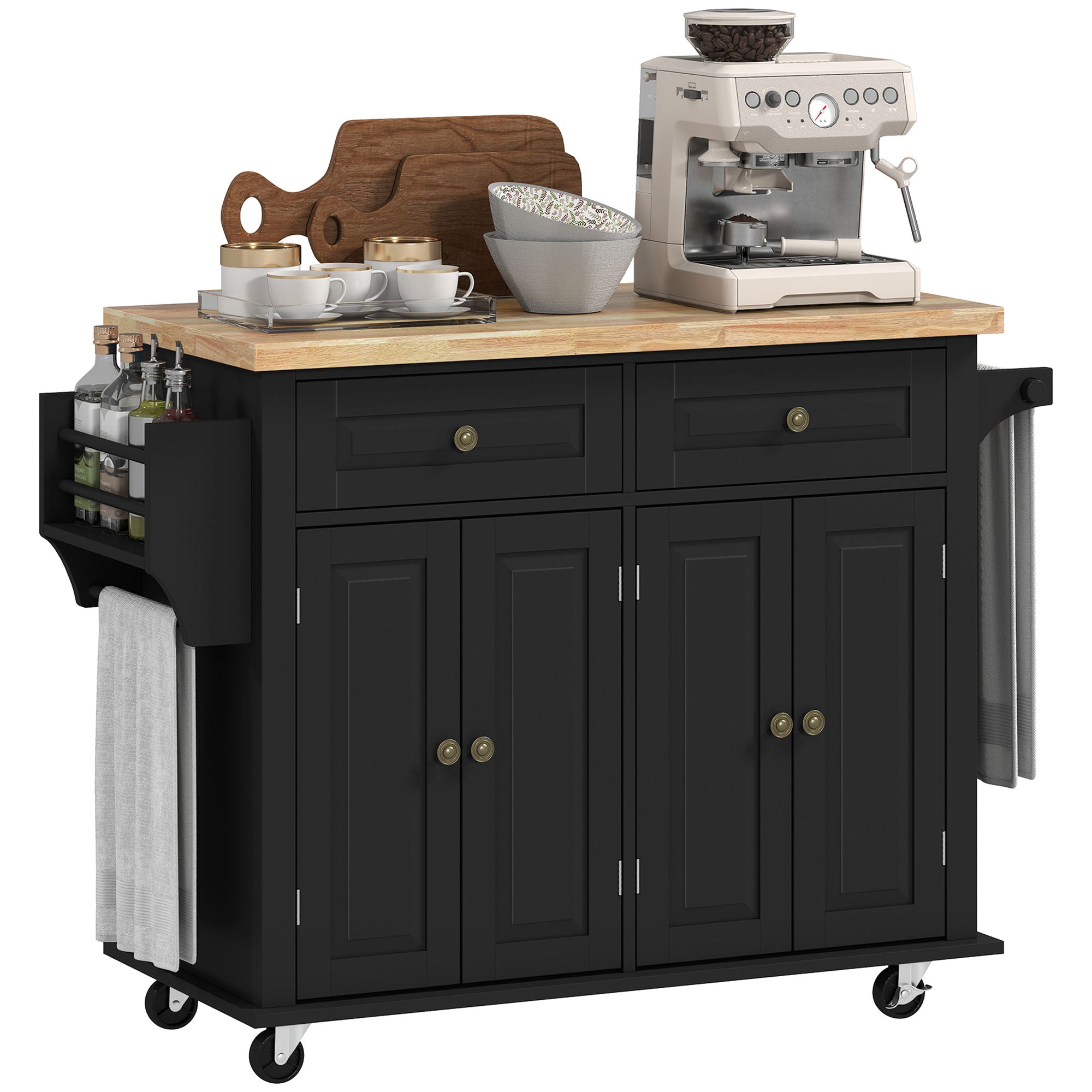 44" Mobile Kitchen Island Table, Kitchen Island Cart on Wheels with Storage Cabinets, 2 Drawers, Black