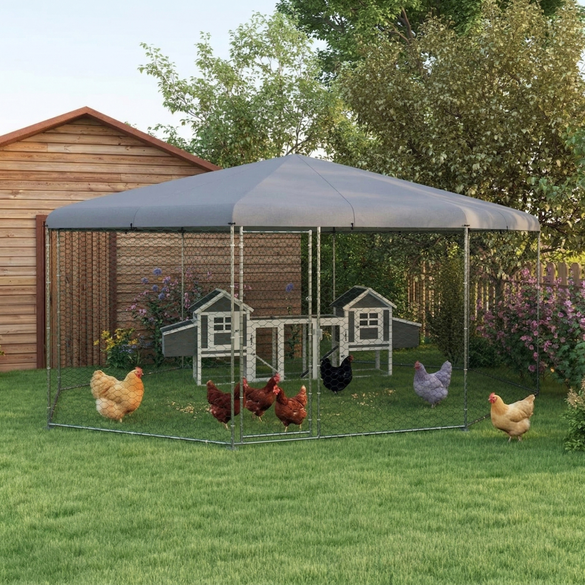 17.1 ft x 15.7 ft Chicken Run for 19-25 Chickens with Cover