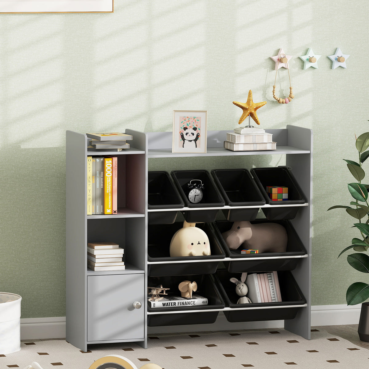 Toy Storage Organizer with 8 Bins, 2 Storage Cubbies, Shelf, Drawer, Gray