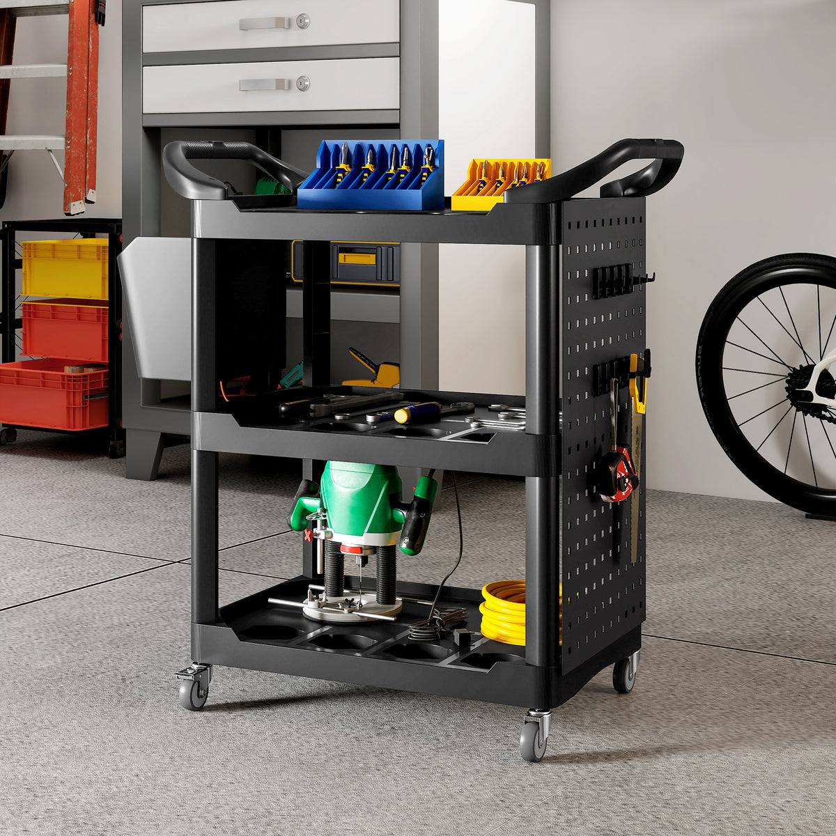 3-Tier Rolling Tool Cart, 200 LBS Capacity Plastic Utility Cart with Side Shelf and Storage Bucket, Black