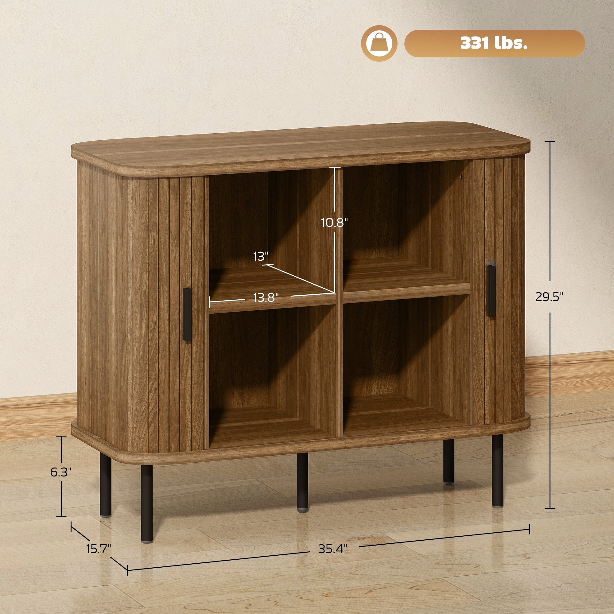 35.4" Sideboard Buffet Cabinet with Storage, Nordic Coffee Bar Cabinet with Slatted Tambour Doors and Metal Legs, Walnut