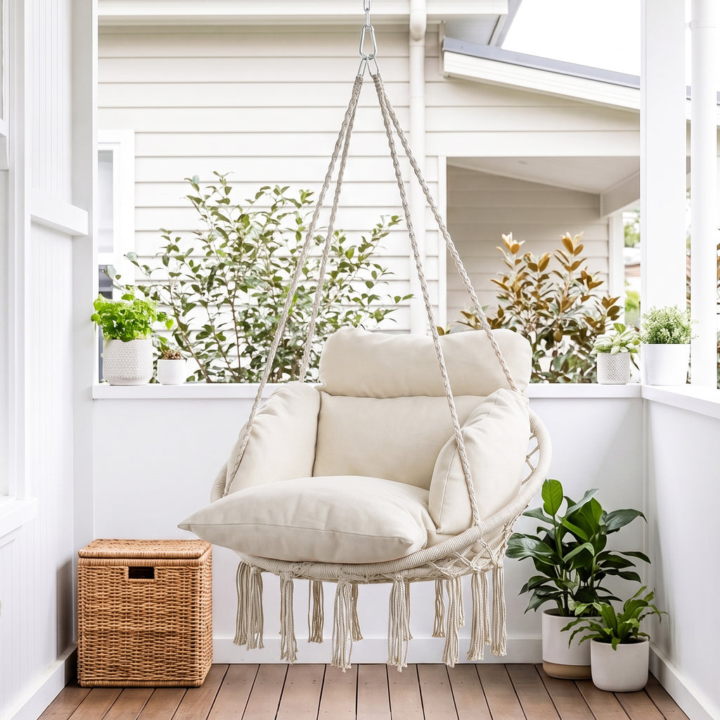 Hammock Swing Chair, Macrame Hanging Chair with Large Cushion, Chain, Steel Frame for Indoor Outdoor Use, Cream White
