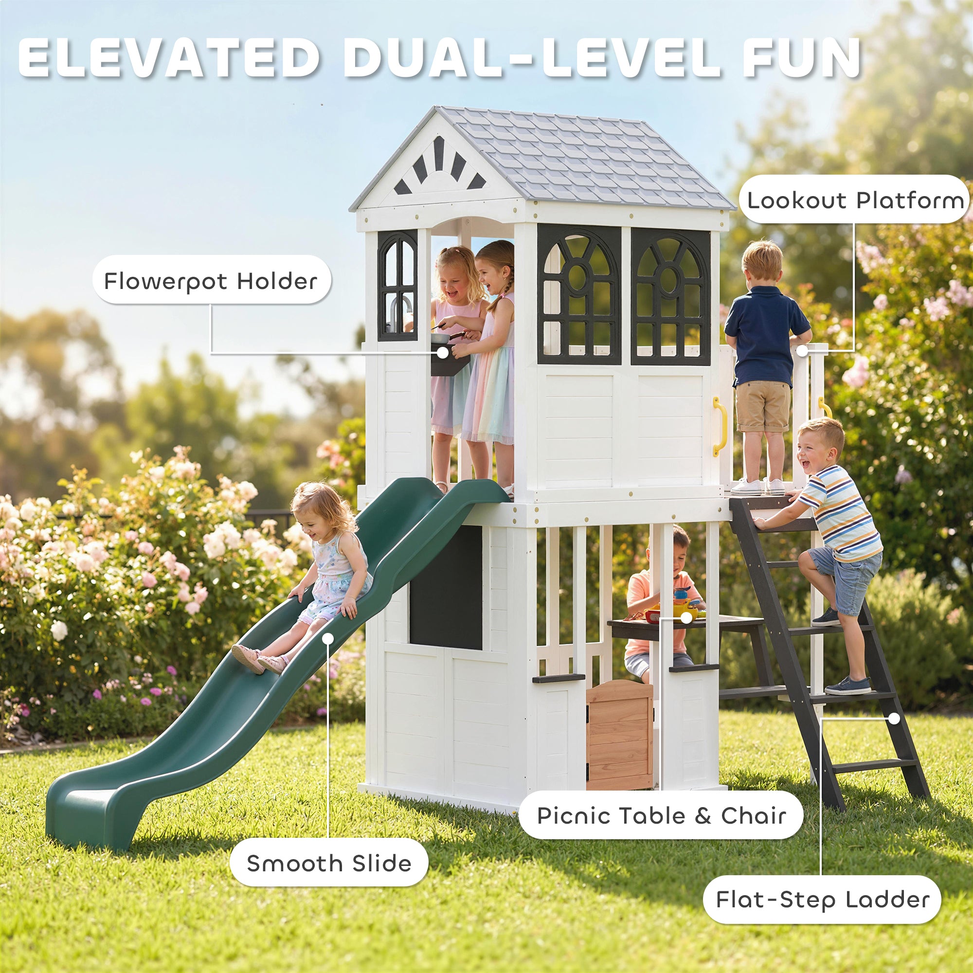 Two-Story Outdoor Playhouse, Wooden Kids Playhouse with Slide, Table & Bench, Play Kitchen, Ladder, Blackboard, White
