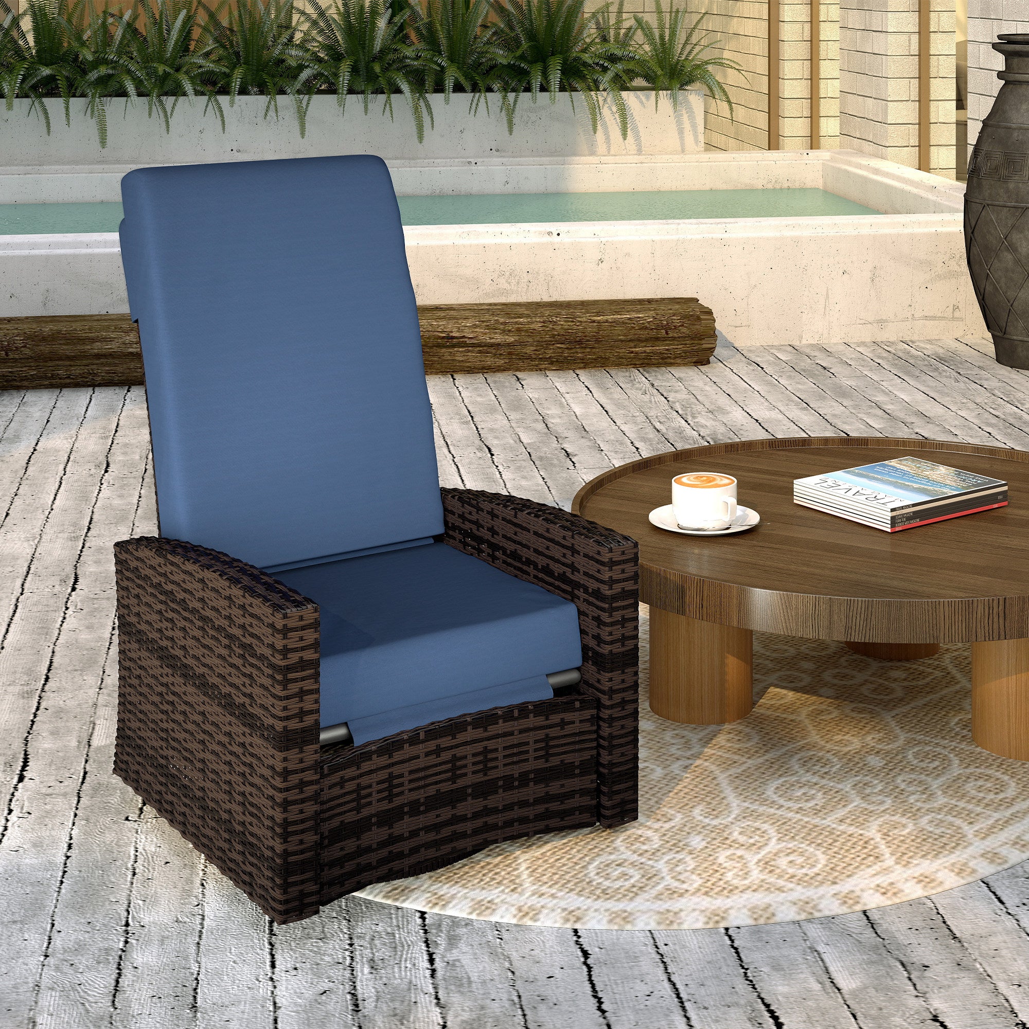 Outdoor Wicker Swivel Recliner Chair, Lifting Footrest, 360° Rotating Basic, Water-resistant Cushions, Dark Blue