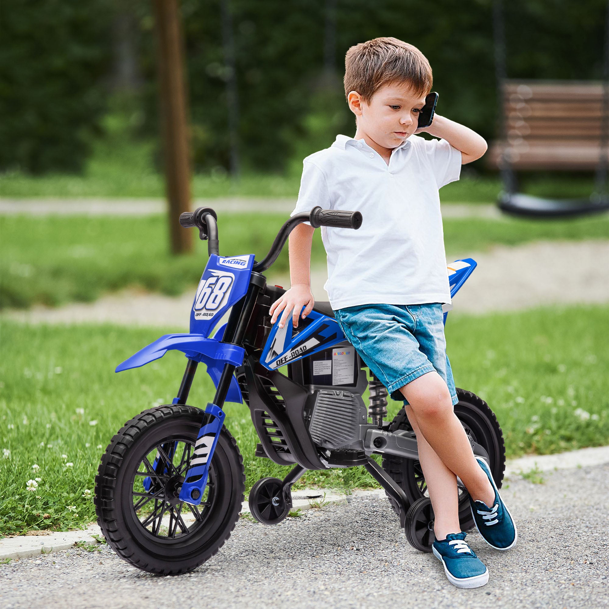 12V Kids Electric Motorcycle w/ Twist Grip Throttle, Training Wheels, Rear Suspension & Music, Blue