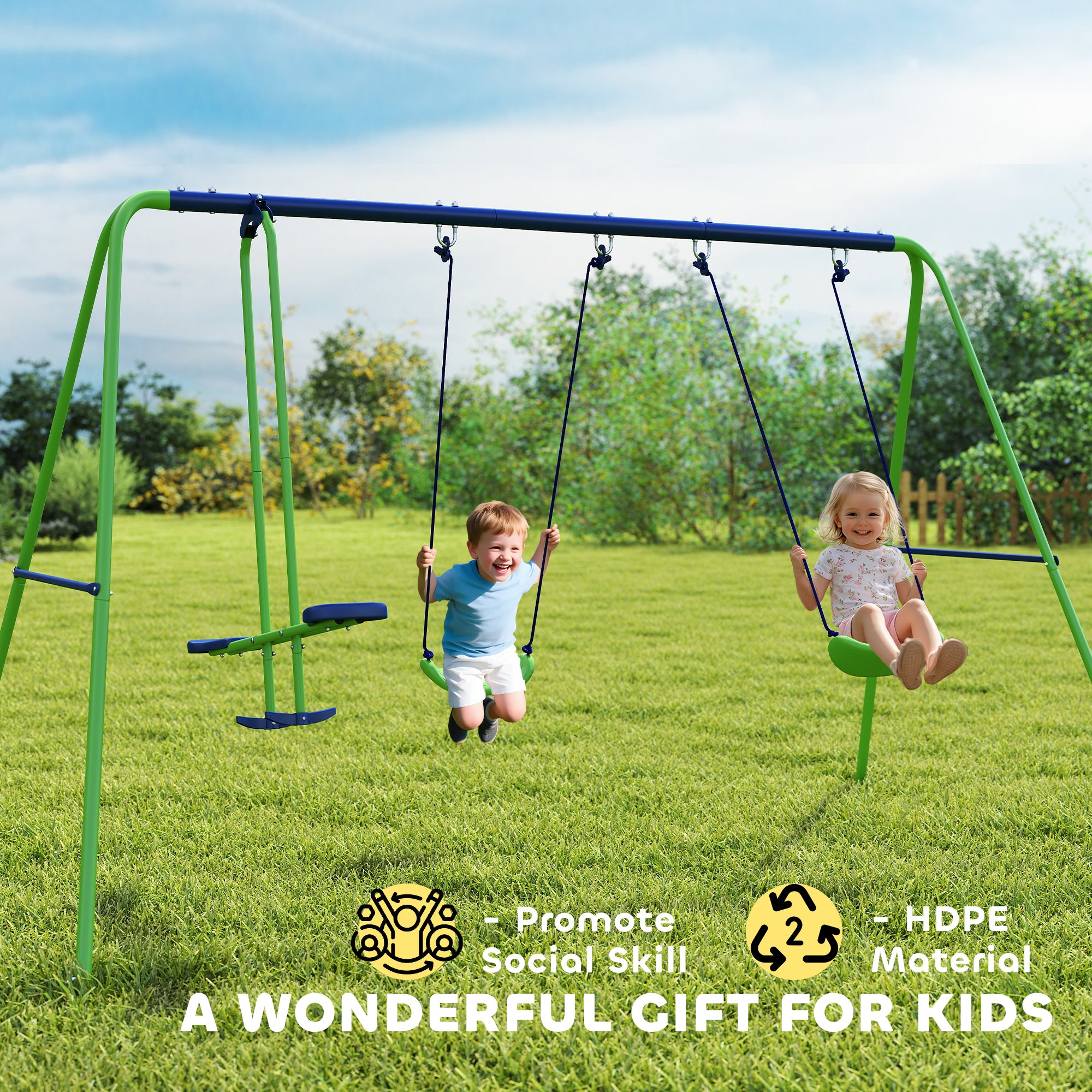 Metal Swing Set with Glider, Two Swing Seats and Adjustable Height, Outdoor Heavy Duty A-Frame Suitable for Playground, Backyard, Green