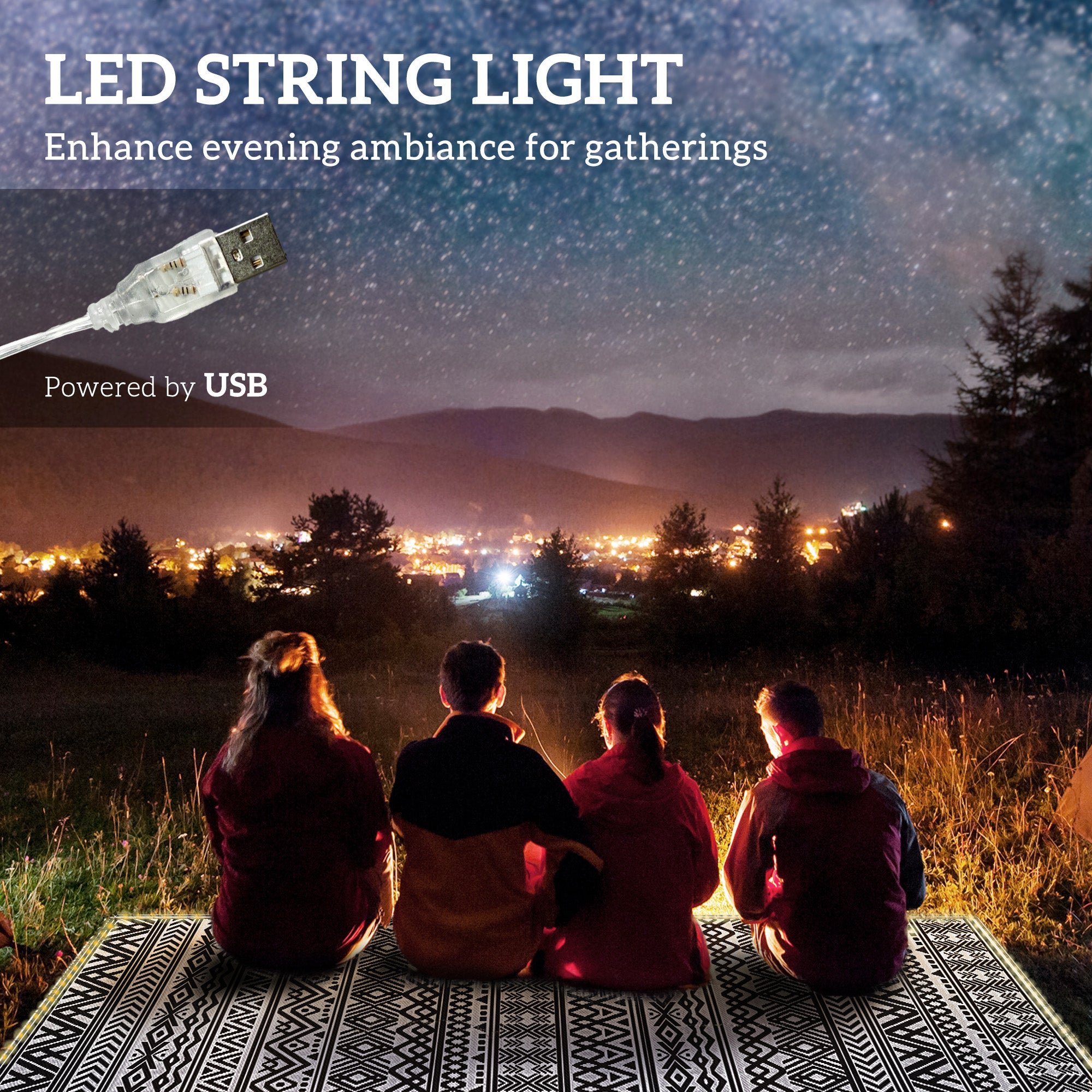 Outdoor Rug Carpet with USB Lights Reversible Patio Rug with Carry Bag for Camping 10' x 8'