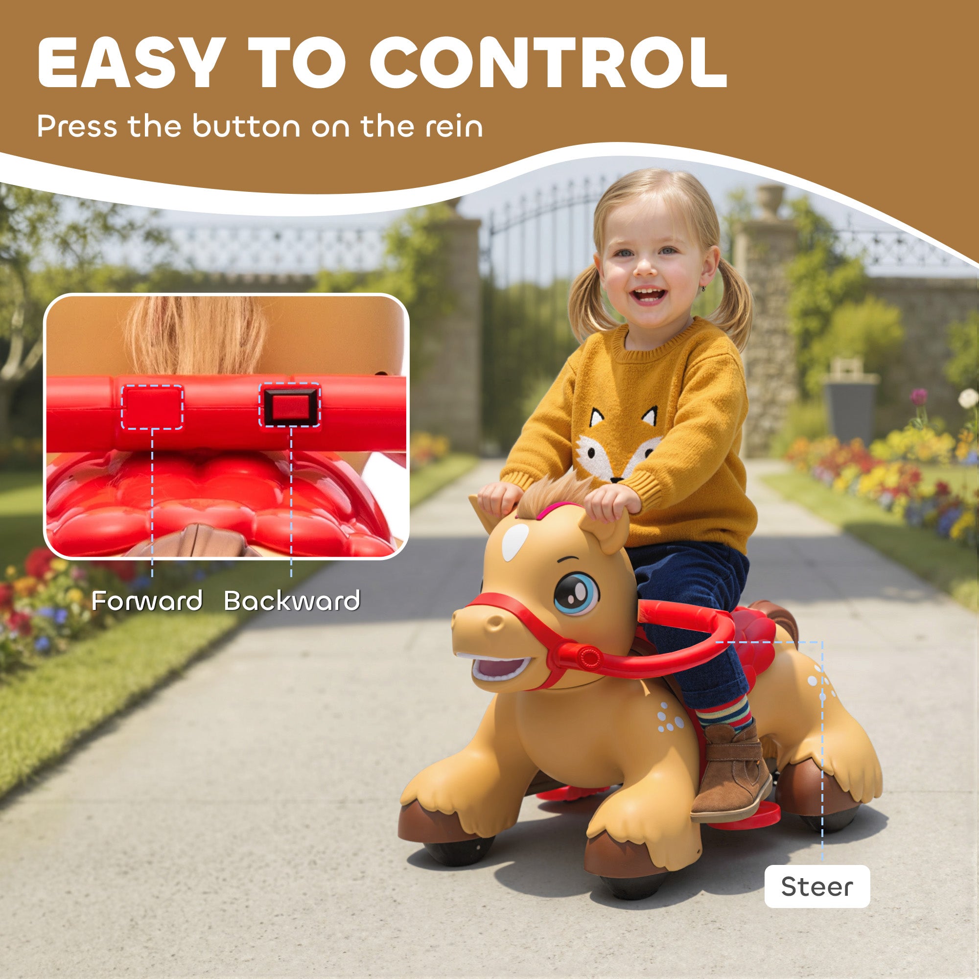 Ride On Horse Toy, 12V Battery Powered Ride on Toy with Carrot Toy, Comb and Sound, Electric Rocking Horse for Toddlers