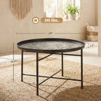 Coffee Table for Living Room, 24" Round Center Table with Hammered Tray Top and Metal Frame for Bedroom, Pewter