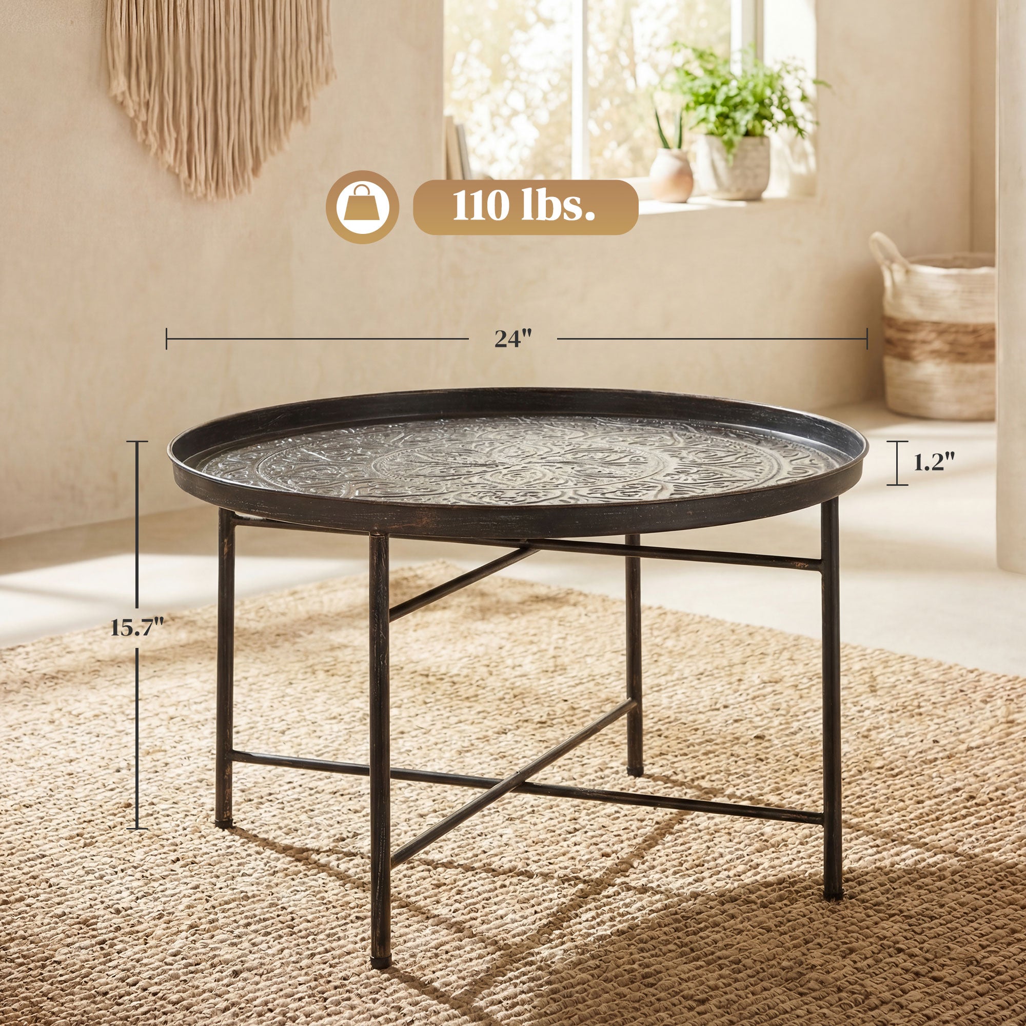 Coffee Table for Living Room, 24" Round Center Table with Hammered Tray Top and Metal Frame for Bedroom, Pewter