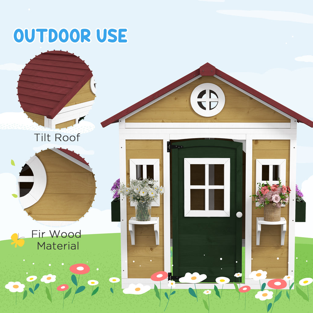 Wooden Playhouse for Kids Outdoor with Doors, Windows, Planter Pots and Boxes for Toddlers 3-8 Years, Beige