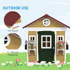 Wooden Playhouse for Kids Outdoor with Doors, Windows, Planter Pots and Boxes for Toddlers 3-8 Years, Beige