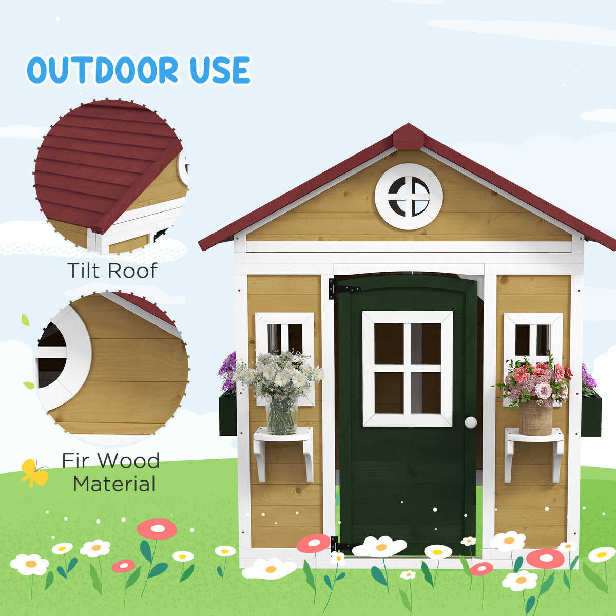 Wooden Playhouse for Kids Outdoor with Doors, Windows, Planter Pots and Boxes for Toddlers 3-8 Years, Beige