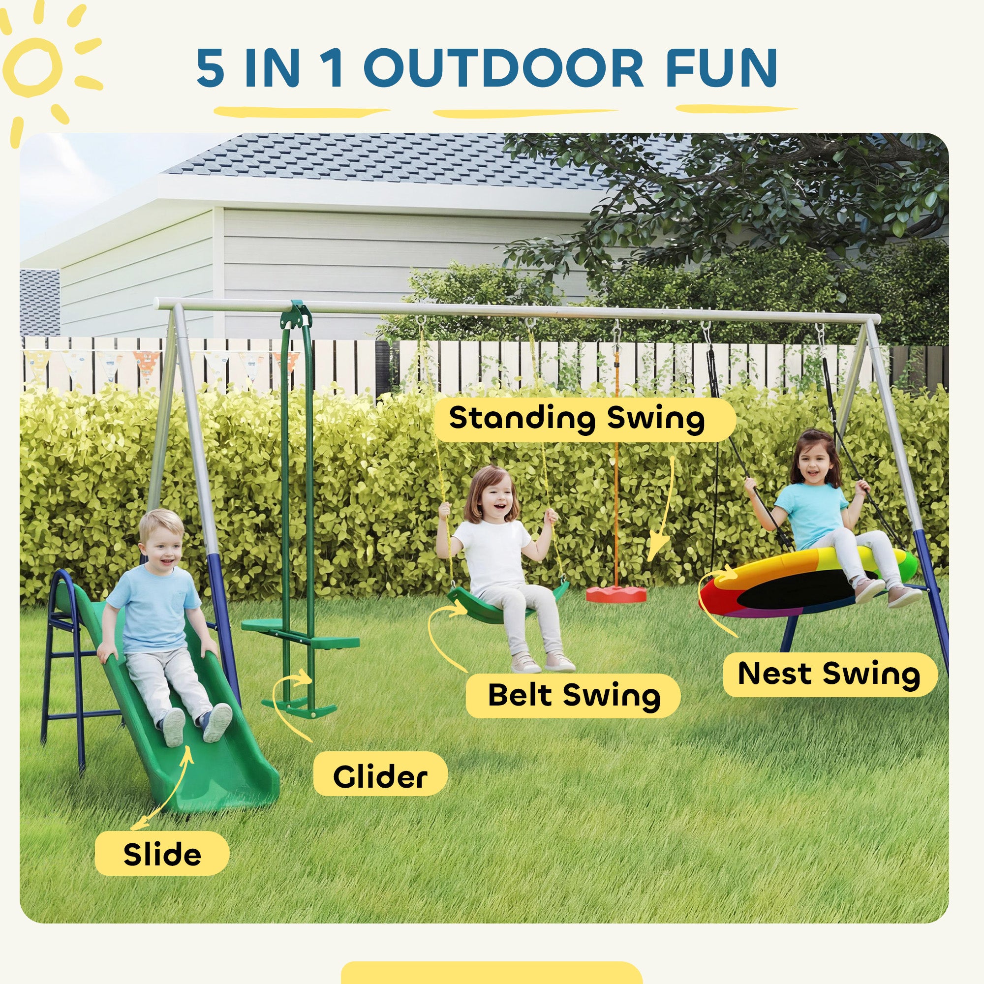 5-in-1 Kids Swing Set with Slide, Swings and Glider for Backyard, 770lbs Capacity, for Ages 3-8, Mixed Color