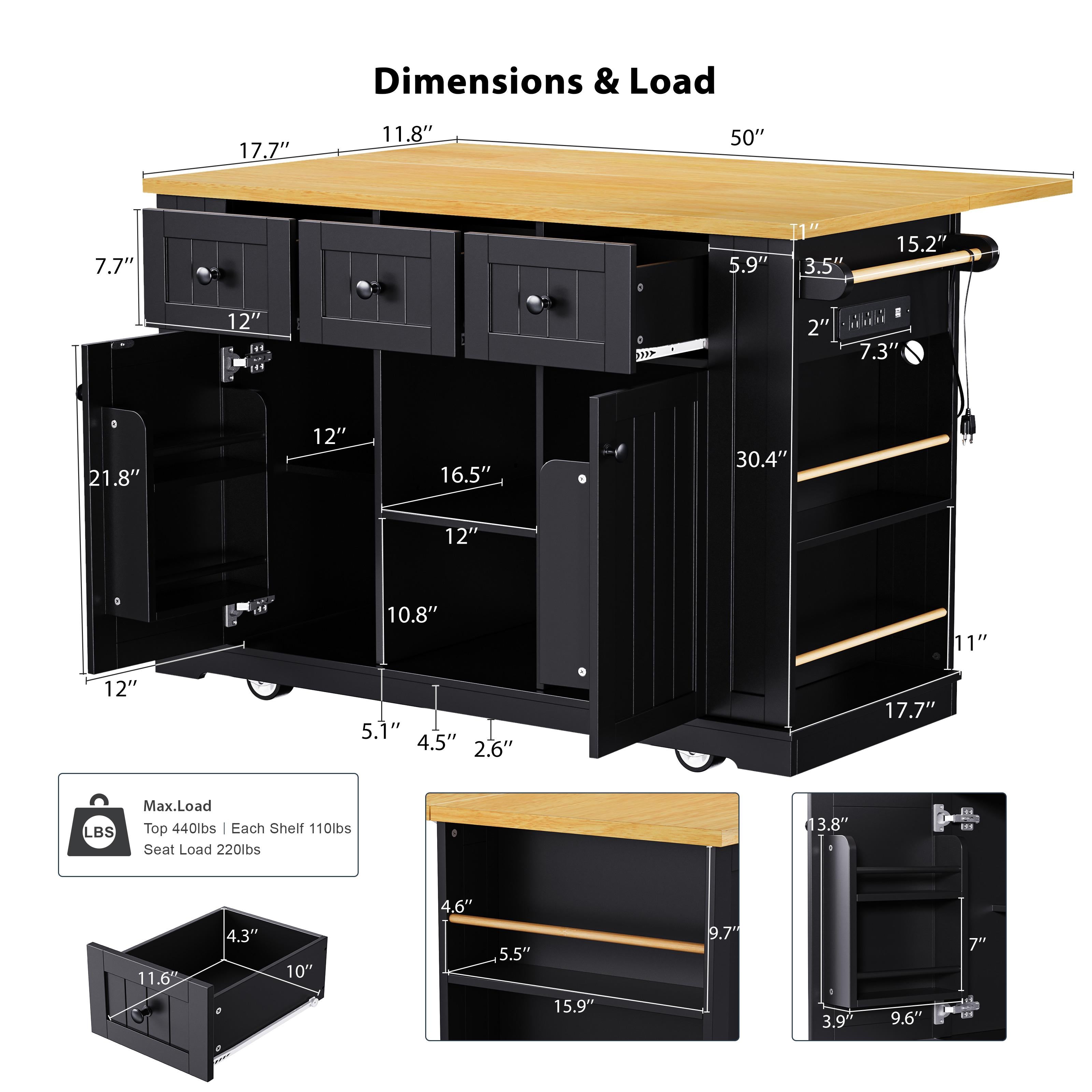 Kitchen Island with Internal Rack, Drop Leaf, Power Outlet, Rolling Cart with Adjustable Shelves and Drawers, 50" L x 29.5" W x 36.5" H, Black