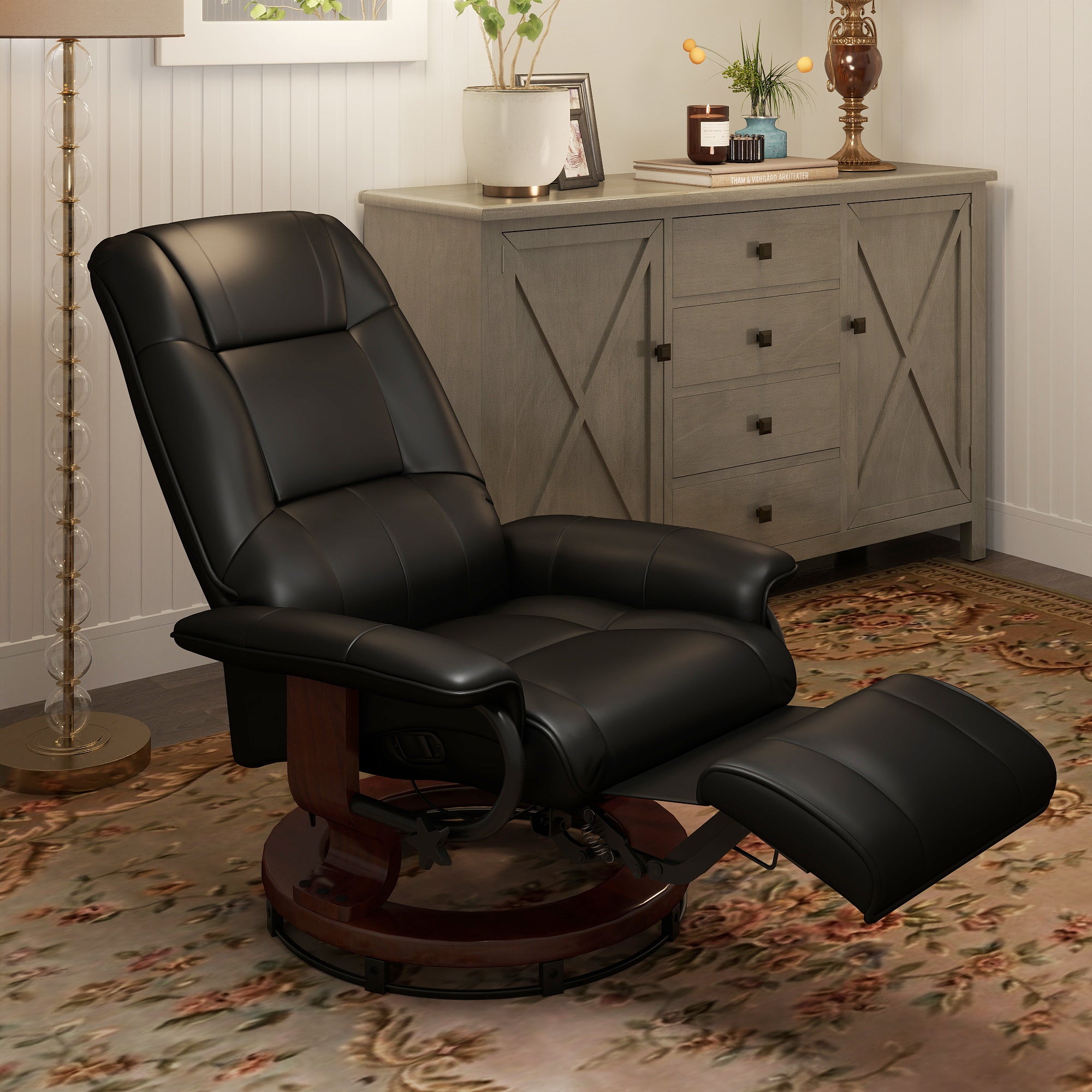 Faux Leather lounge chair with footrest and armrest, Manual Swivel Recliner for living room, Black