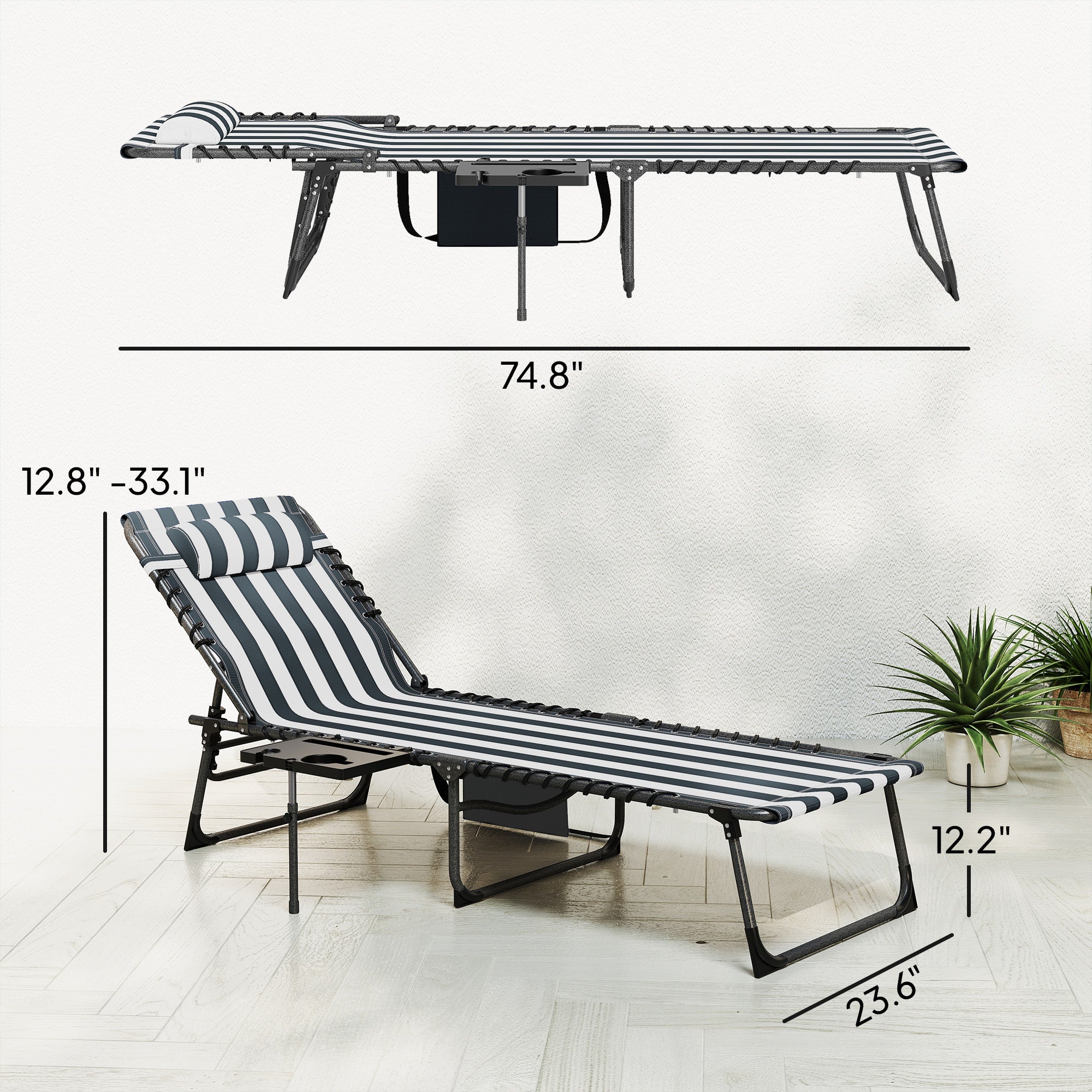 Folding Outdoor Chaise Lounge Chair Tanning Chair with 5-Level Adjustable Back, Side Table, Pillow, Pocket, Blue White
