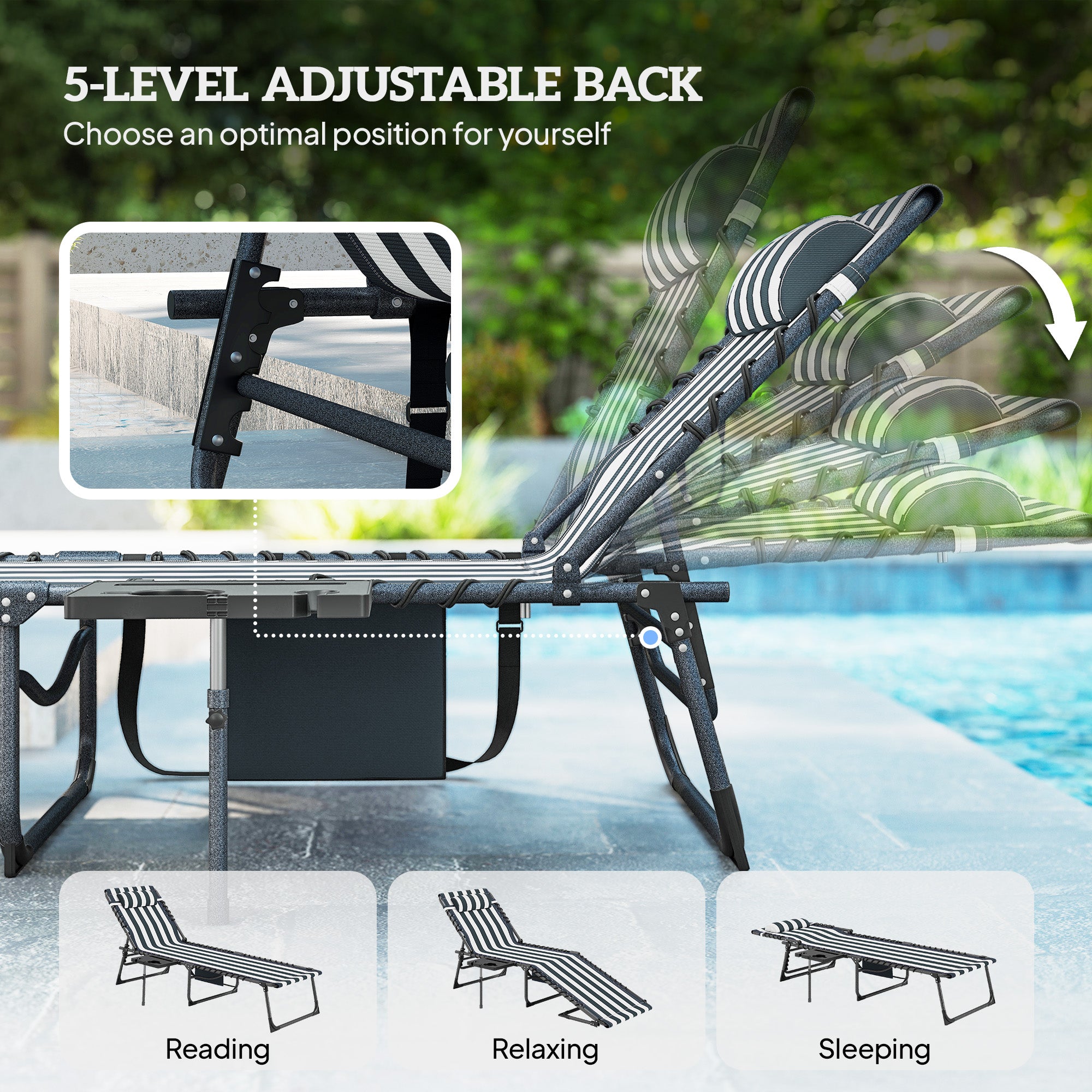 Folding Outdoor Chaise Lounge Chair Tanning Chair with 5-Level Adjustable Back, Side Table, Pillow, Pocket, Blue White