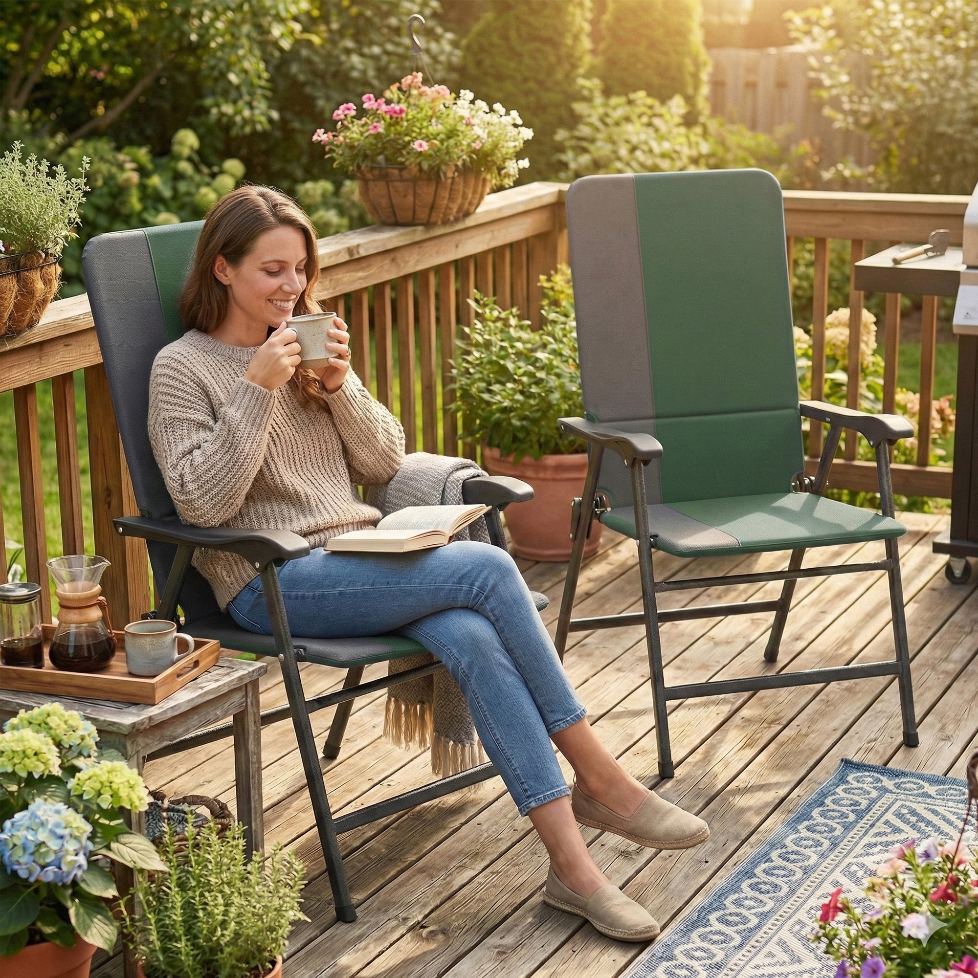 Folding Patio Chairs Set of 2, Padded High Back Lawn Camping Chairs with Armrests, 600D Oxford Fabric, Dark Green