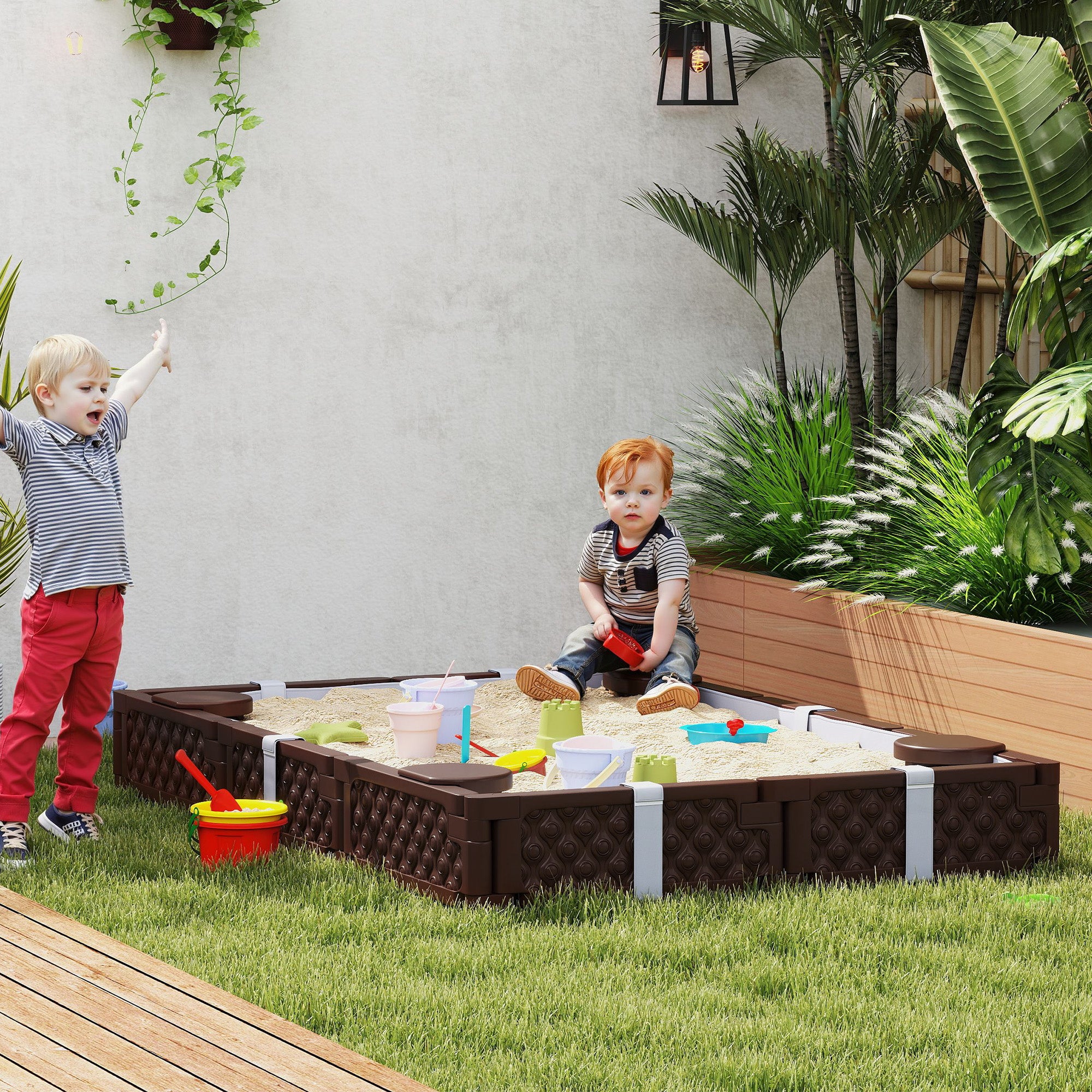 Kids Sandbox with Cover, 4 Corner Seats, Bottom Liner for Backyard, Garden, Outdoor, 73" x 47" x 9", Dark Brown
