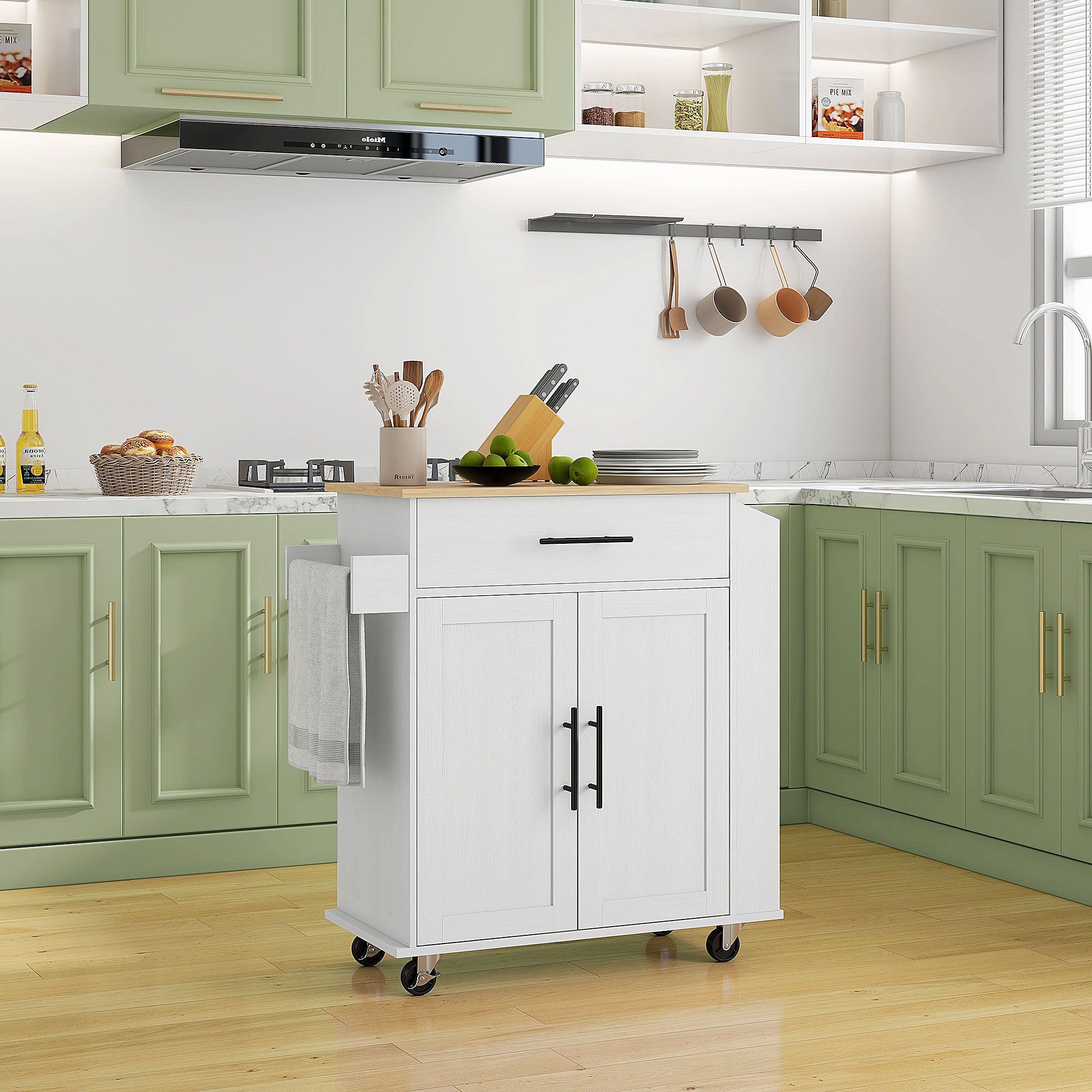 Rolling Island with Wheels for Kitchen, Kitchen Island on Rollers with Power Outlets, Drawer, and Doors, White
