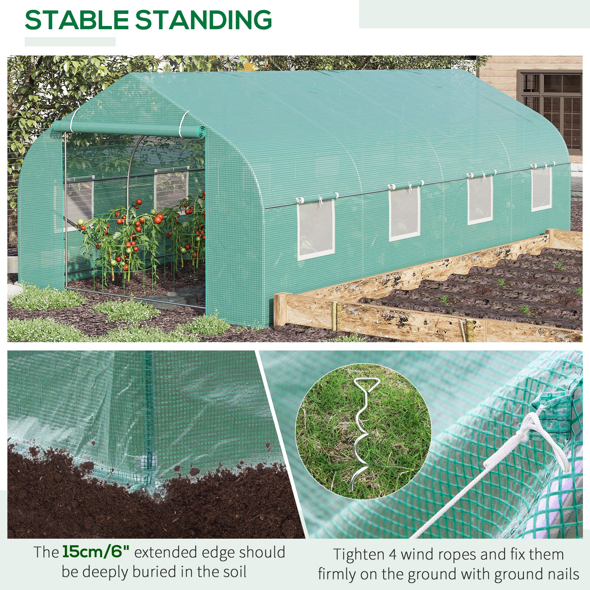 20' x 10' x 7' Outdoor Walk-in Greenhouse, Tunnel Green House with Roll-up Windows, Zippered Door, PE Cover, Heavy Duty Steel Frame, Green