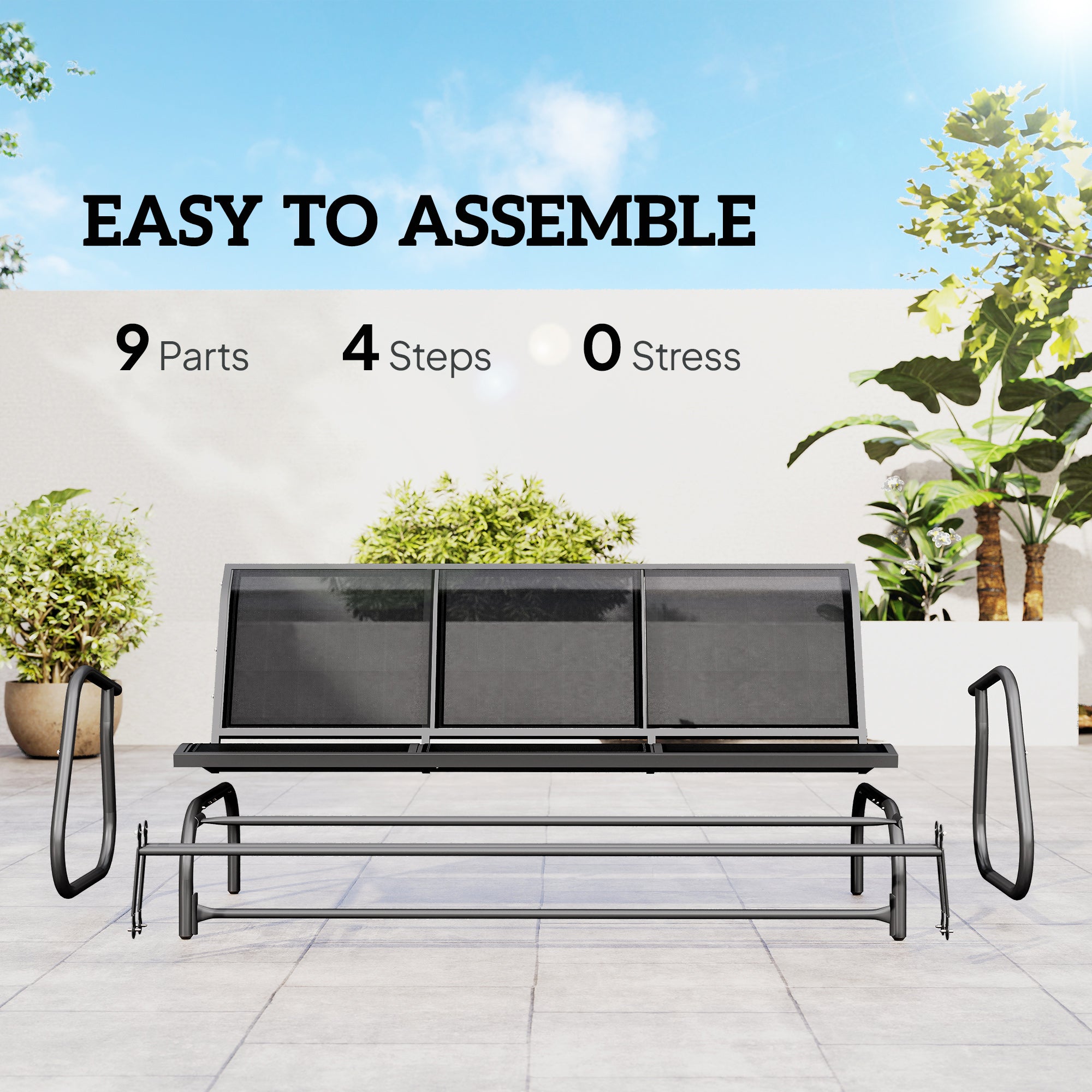 3-Person Outdoor Patio Glider Bench, Porch Glider Swing with 3 Seats, Breathable Mesh Fabric, Metal Frame, Black