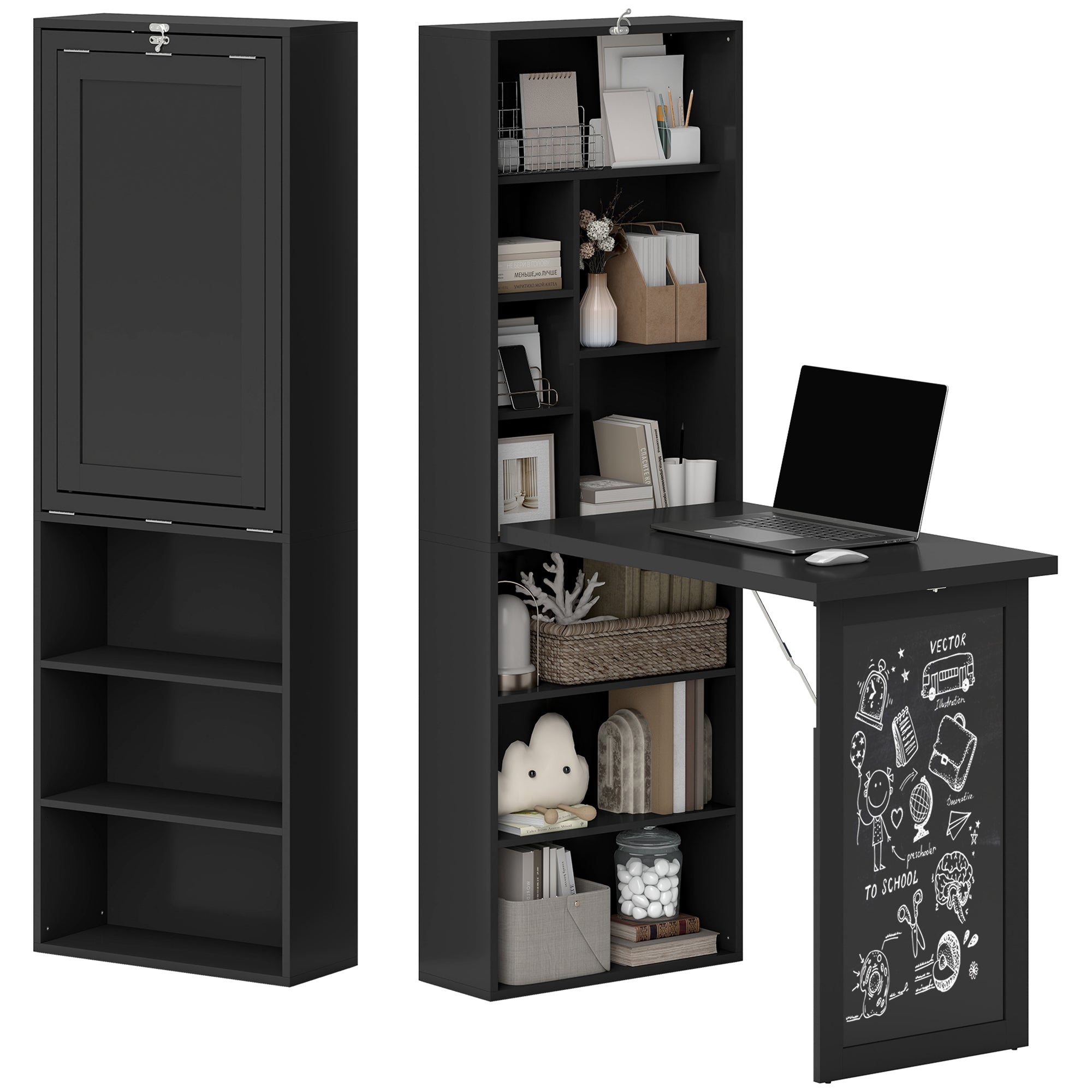 Fold-out Convertible Home Office Desk, Wall Mount Computer Desk with Blackboard and Side Shelf, Black